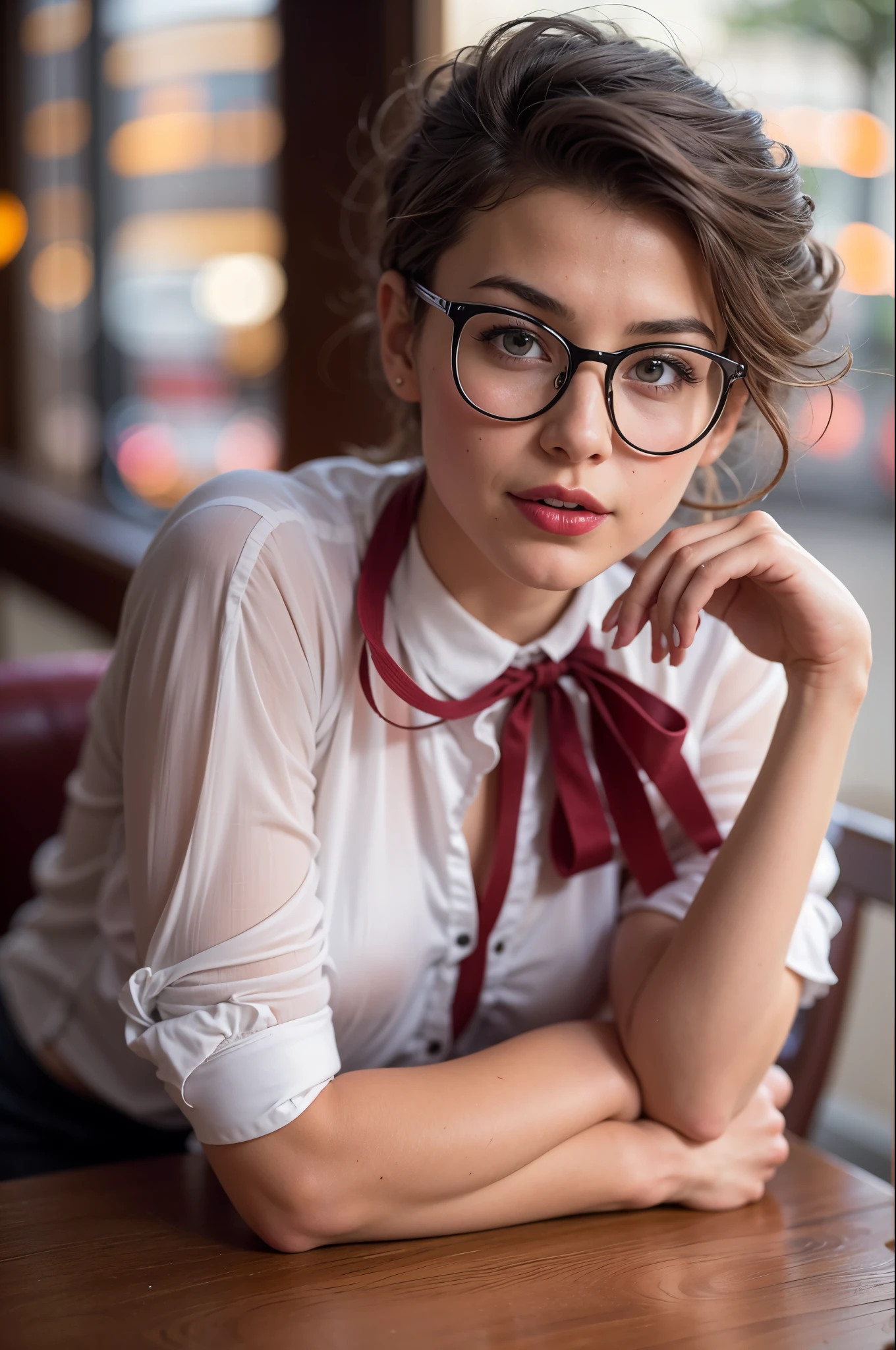 A photo of a young, nerdy woman sitting in a caf, wearing a white shirt and a bow, surrounded by a cozy atmosphere, looking at the viewer.
short hair, slender, red lips, transparent fabric, flirting with the camera, closeups cleavage
