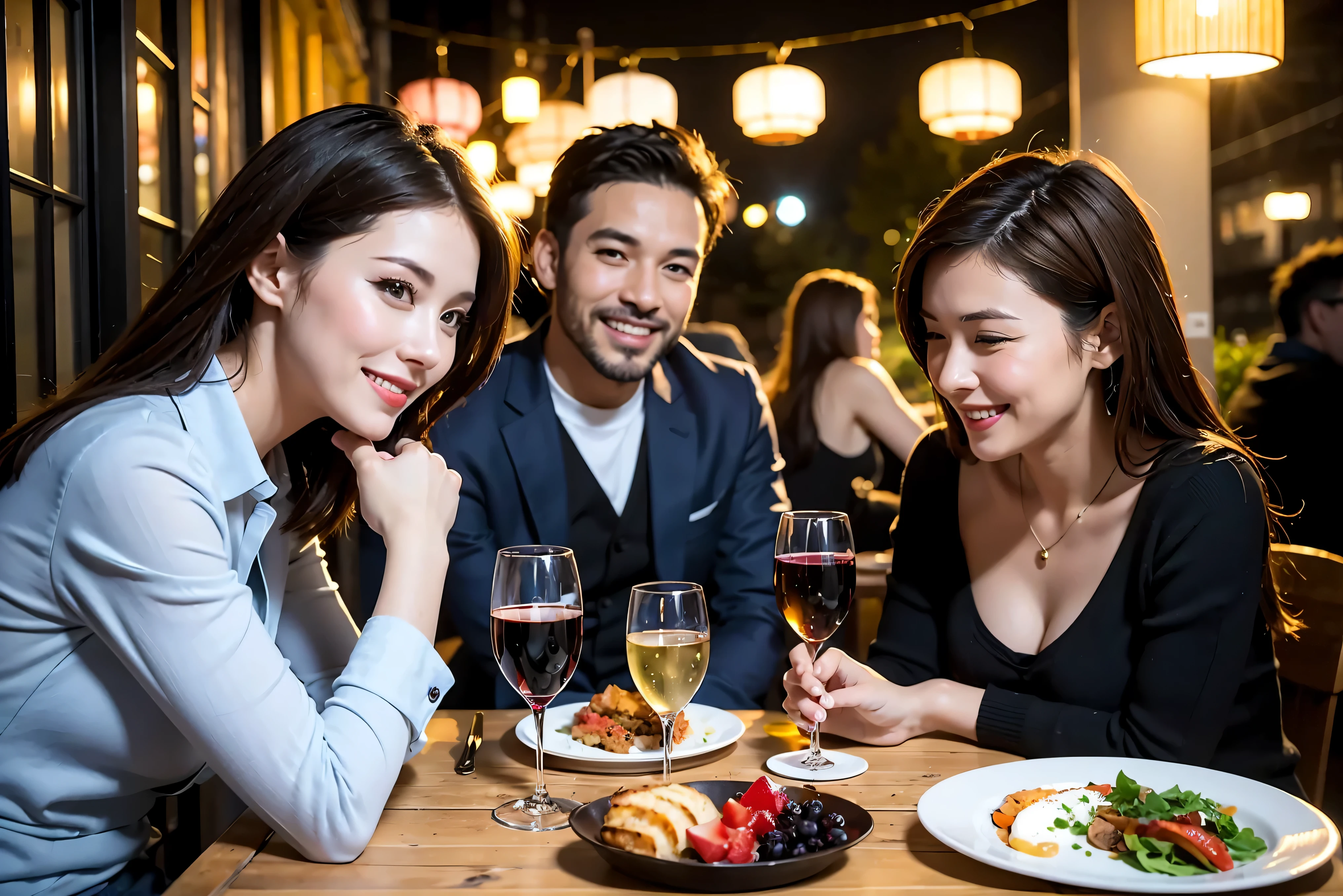 64k, UHD, highest quality, masterpiece: 1.2), (realistic, photorealistic: 1.37), Super detailed, celebration party、beauty、beautiful mature woman、3 women who love wine、Three Men、champagne、Sparkling wine、winter night、restaurantでワイン宴会、(slimな男女4名),(Wine party for 5 people)、(slimフェイス),Happy、 最高なsmile、Fox Face、Berry Short、(because I'thin), (brown hair), (shortcut), long sleeve shirt、winter fashion、Japanese、Dutch、German、Portuguese、Belgian、Italian、french, (gushing), (slimボティ), (brown hair), (shortcut), 端正なbeauty、cheeks blush a little, (34 years old), 38 years old, alone, A beautiful and detailed night view spreads out outside the window....., restaurant, wine glassが座っている, At night, in a prominent place (from the Upper body) nova frog style, actress, model, Upper body, White wine, slim, wine glass, Very beautiful night view, wine glass Put in the Middle, Happy smile, (smile: 1.15),