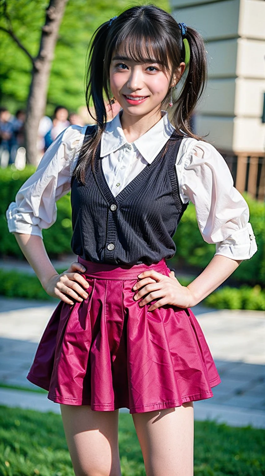 (8K、RAW photo、highest quality、masterpiece:1.2)、(realistic、Photoreal)、1 girl、I have a mole next to my eye、((、pink ee-through costumes、Magical Girl Costume、cosplay）、（high school girl）、The skirt is rolled up、gal、lots of eyelashes、glitter on eyelids、Dark Red Knee-High Socks、Skeletally correct、thighs open、wavy twintails、cute smile、sweaty body、attractive body beautiful perfect body、Beautifully aligned fingertips、Standing with hands on his hip