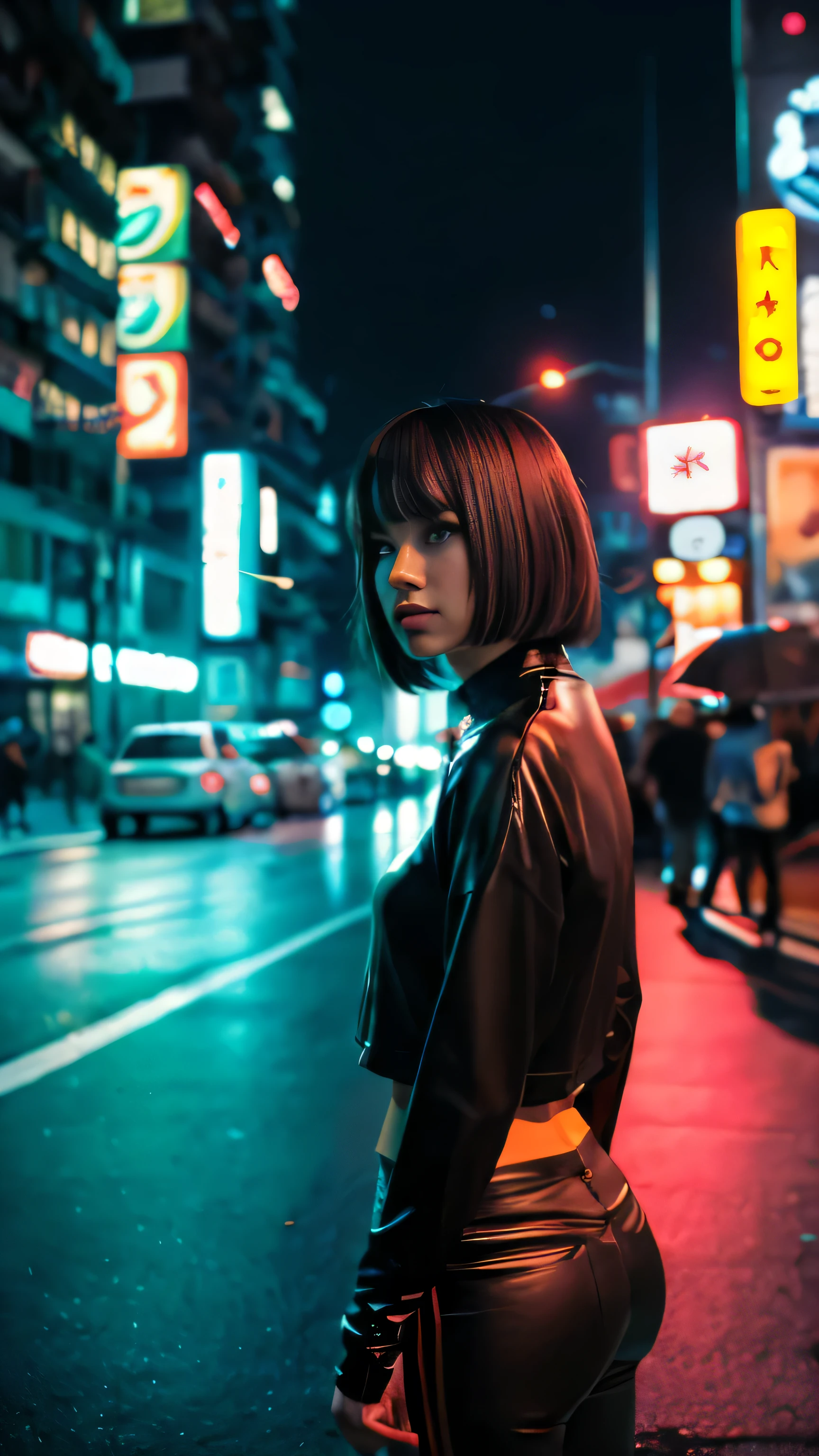 there is a woman standing on the side of the street, cyberpunk art by Yang J, trending on Artstation, realism, artwork in the style of guweiz, anime style. 8k, guweiz, realistic anime 3 d style, trending on cgstation, 🤤 girl portrait, hyper-realistic cyberpunk style, anime style mixed with fujifilm, dreamy cyberpunk girl
