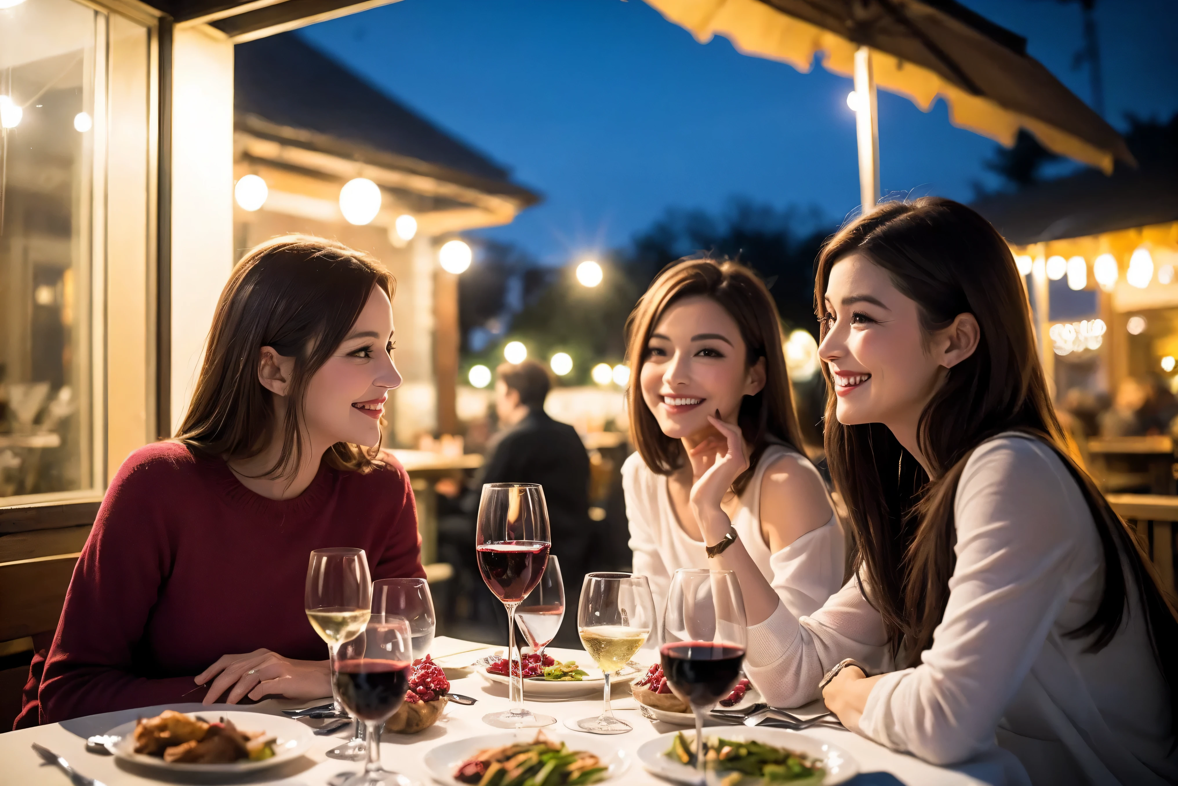 64k, UHD, highest quality, masterpiece: 1.2), (realistic, photorealistic: 1.37), Super detailed, celebration party、beauty、beautiful mature woman、3 women who love wine、Three Men、champagne、Sparkling wine、winter night、restaurantでワイン宴会、(slimな男女4名),(Wine party for 5 people)、(slimフェイス),Happy、 最高なsmile、Fox Face、Raccoon face、Berry Short、(because I&#39;thin), (brown hair), (shortcut), long sleeve shirt、winter fashion、Colombia、Brazilian、Japanese、Dutch、German、Portuguese、Belgian、Italian、french, (gushing), (slimボティ), (brown hair), (shortcut), 端正なbeauty、cheeks blush a little, (41 years old), 38 years old, 35 years old、 A beautiful and detailed night view spreads out outside the window....., restaurant, wine glassが座っている, At night, in a prominent place (from the Upper body) nova frog style, actress, model, Upper body, White wine, slim, wine glass, Very beautiful night view, wine glass Put in the Middle, Happy smile, (smile: 1.15), 