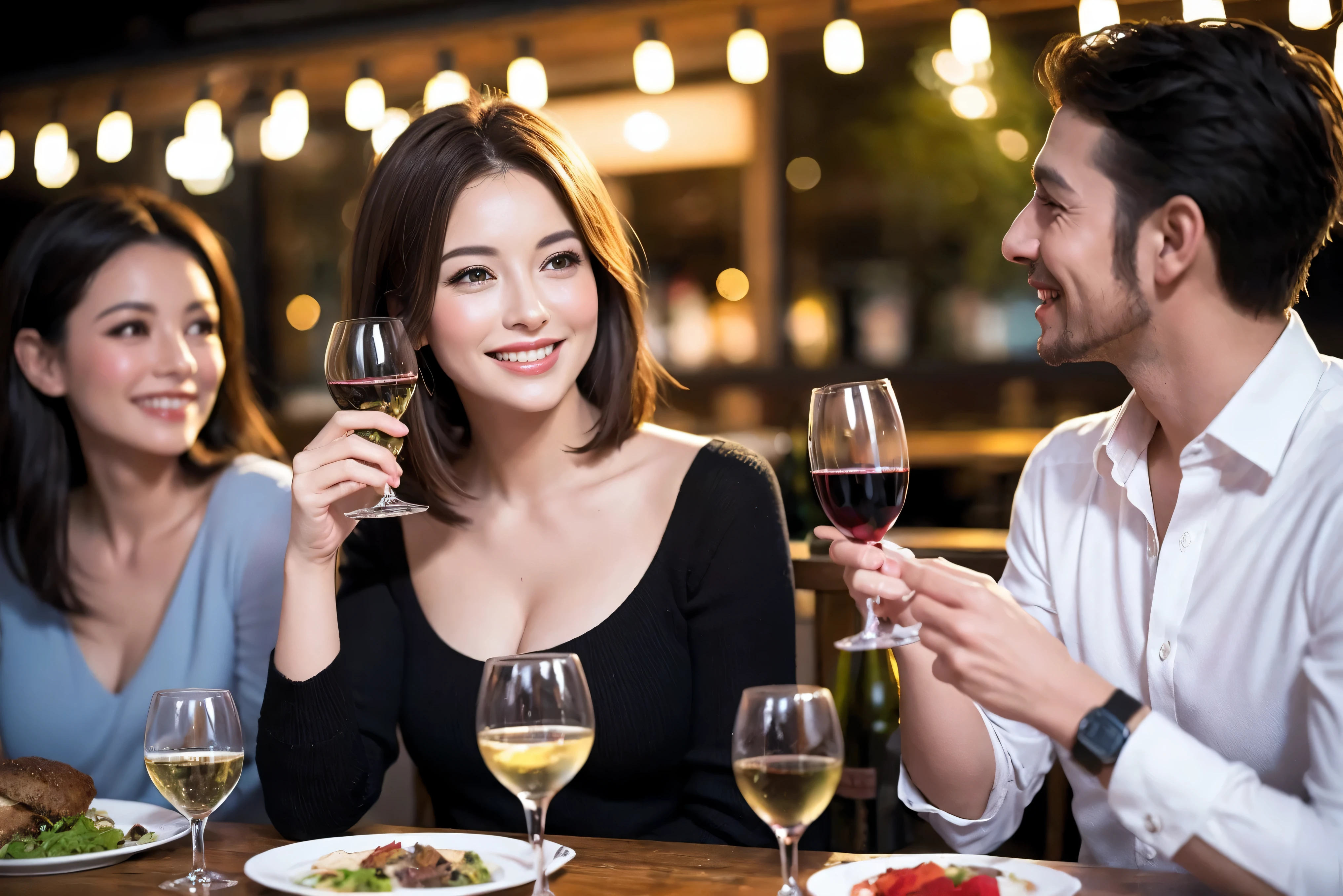 64k, UHD, highest quality, masterpiece: 1.2), (realistic, photorealistic: 1.37), Super detailed, celebration party、beauty、beautiful mature woman、3 women who love wine、Three Men、champagne、Sparkling wine、winter night、restaurantでワイン宴会、(slimな男女4名),(Wine party for 5 people)、(slimフェイス),Happy、 最高なsmile、Fox Face、Raccoon face、Berry Short、(because I'thin), (brown hair), (shortcut), long sleeve shirt、winter fashion、Colombia、Brazilian、Japanese、Dutch、German、Portuguese、Belgian、Italian、french, (gushing), (slimボティ), (brown hair), (shortcut), 端正なbeauty、cheeks blush a little, (41 years old), 38 years old, 35 years old、 A beautiful and detailed night view spreads out outside the window....., restaurant, wine glassが座っている, At night, in a prominent place (from the Upper body) nova frog style, actress, model, Upper body, White wine, slim, wine glass, Very beautiful night view, wine glass Put in the Middle, Happy smile, (smile: 1.15),