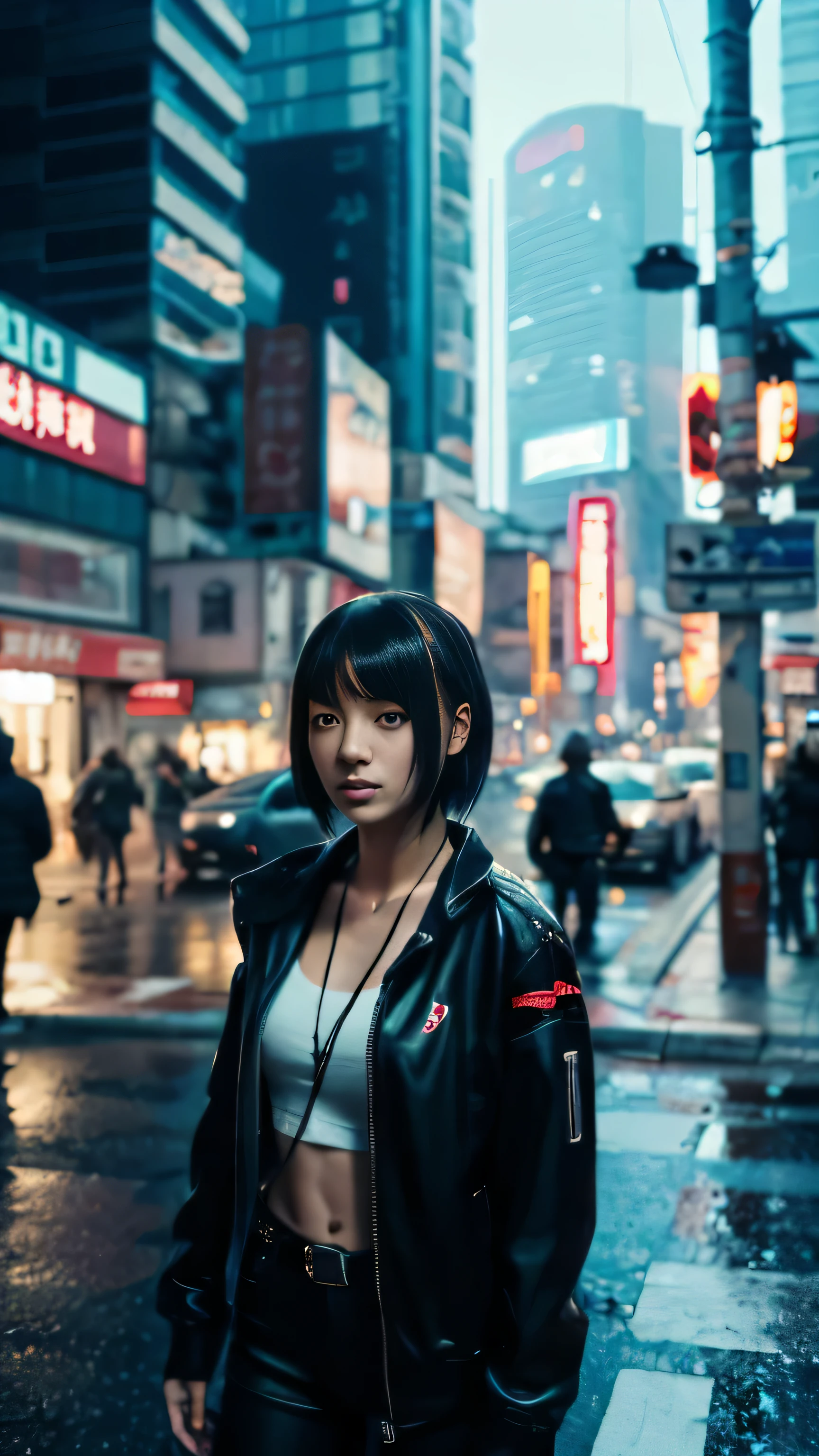 there is a woman standing on the side of the street, cyberpunk art by Yang J, trending on Artstation, realism, artwork in the style of guweiz, anime style. 8k, guweiz, realistic anime 3 d style, trending on cgstation, 🤤 girl portrait, hyper-realistic cyberpunk style, anime style mixed with fujifilm, dreamy cyberpunk girl