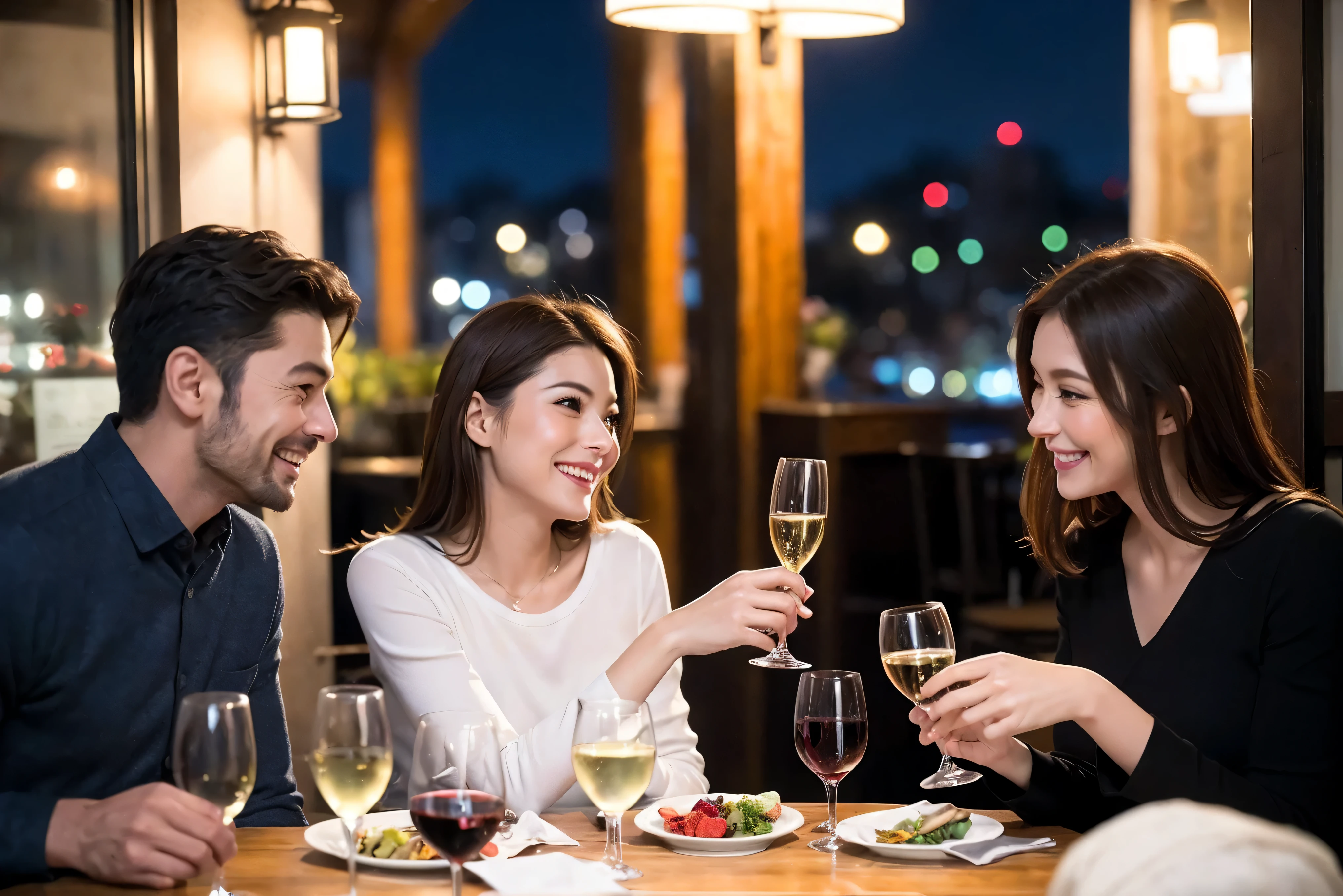 64k, UHD, highest quality, masterpiece: 1.2), (realistic, photorealistic: 1.37), Super detailed, celebration party、beauty、beautiful mature woman、3 women who love wine、Three Men、champagne、Sparkling wine、winter night、restaurantでワイン宴会、(slimな男女4名),(Wine party for 5 people)、(slimフェイス),Happy、 最高なsmile、Fox Face、Raccoon face、Berry Short、(because I'thin), (brown hair), (shortcut), long sleeve shirt、winter fashion、Colombia、Brazilian、Japanese、Dutch、German、Portuguese、Belgian、Italian、french, (gushing), (slimボティ), (brown hair), (shortcut), 端正なbeauty、cheeks blush a little, (41 years old), 38 years old, 35 years old、 A beautiful and detailed night view spreads out outside the window....., restaurant, wine glassが座っている, At night, in a prominent place (from the Upper body) nova frog style, actress, model, Upper body, White wine, slim, wine glass, Very beautiful night view, wine glass Put in the Middle, Happy smile, (smile: 1.15),