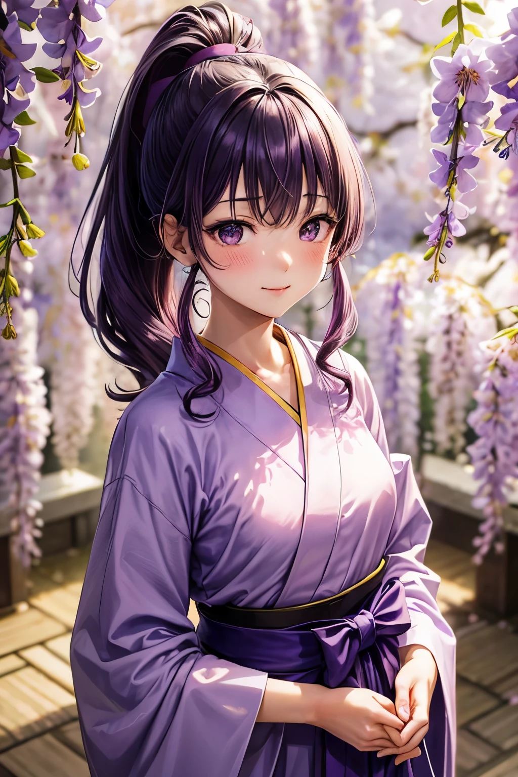 A 18 years old Japanese lady(( small breast, slender)),((put her hands on her breast )), pale bluish purple medium hair((curly ponytail))(( much shaggy forelock:1.3))((blushing embarrassingly )), tidy Japanese clothes ((cherry blossoms color )),Japanese hakama ((violet color )),hairpin((wisteria motifs)) , shiny silver big round droopy eyes, blush smile, fearless atmosphere, neatly posing, best quality