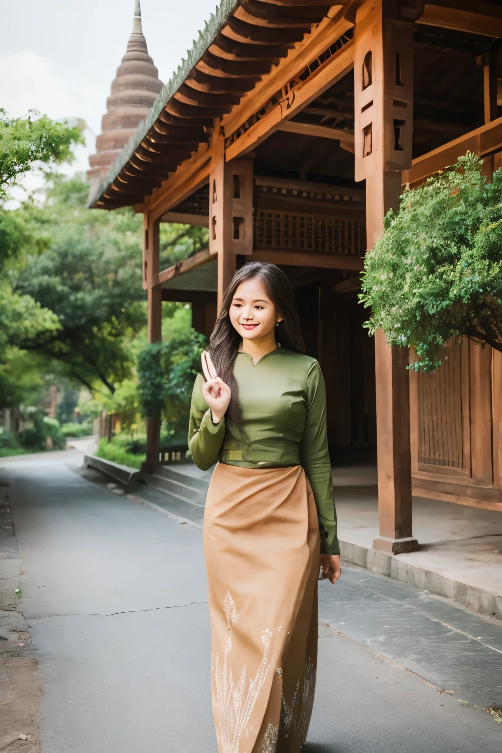 a beautiful girl with cute dimples, smiling, wearing
burmese dress, walking in Bagan's street,
ACMM LS OUTFIT, WEARING ACMM TOP OLIVE
GREEN ACMM TOP; LONG SLEEVES, WEARING
ACMM LONG SKIRT, OLIVE GREEN ACMM LONG
SKIRT, PRINTED SKIRT
OUTDOORS, SCENERY, TRADITIONAL MEDIA,
SKY, DAY, PHOTO BACKGROUND, REAL WORLD
LOCATION, ARCHITECTURE, NATURE, RUINS
LANDSCAPE, BAGAN ANCIENT PAGODA
BACKGROUND