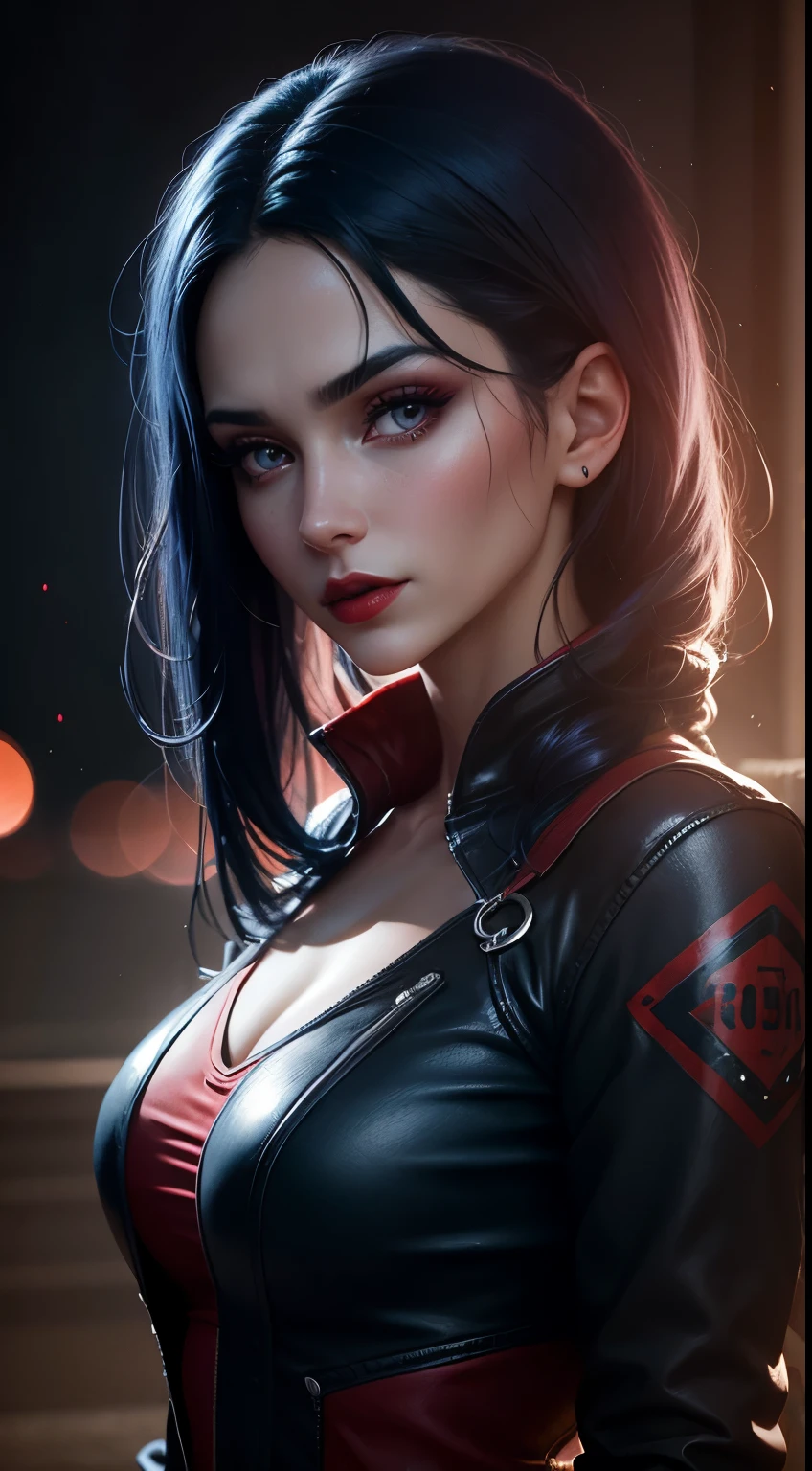 Woman, 30 years, dark blue hair, red eyes, makeup, red lips, Surrealism, cinematic lighting, god rays, wide shot, bokeh, UHD, masterpiece, super detail, high quality