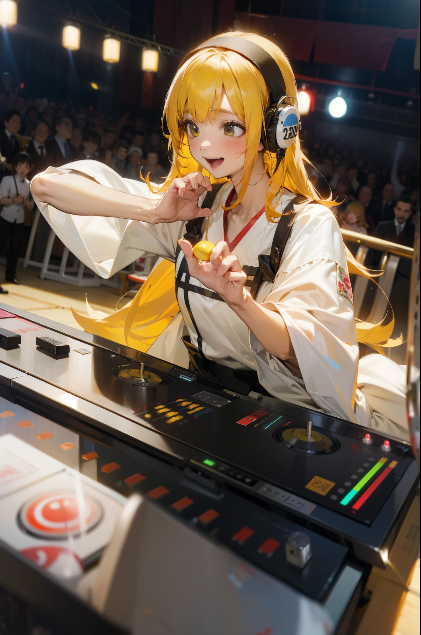 Upper body body、Sweating、Holding a lemon in one hand、Japanese tattoos、a smile、long hair、Yellow haired young girl DJ、White clothes、Whimsy、lively appearance、Playful accessories、creative act、imaginative、Feature、autonomy、DJ headphones、Mixing Console、Music Clubs、nightclub、Indie Theatre、People dancing on dance floor background々、broad stage、best quality、Texture、and intricate details、(movie-like lighting)、original photo、8k,open mouth,Coquettish type,Obsessed,Shy,The look of the riot,long loose hair