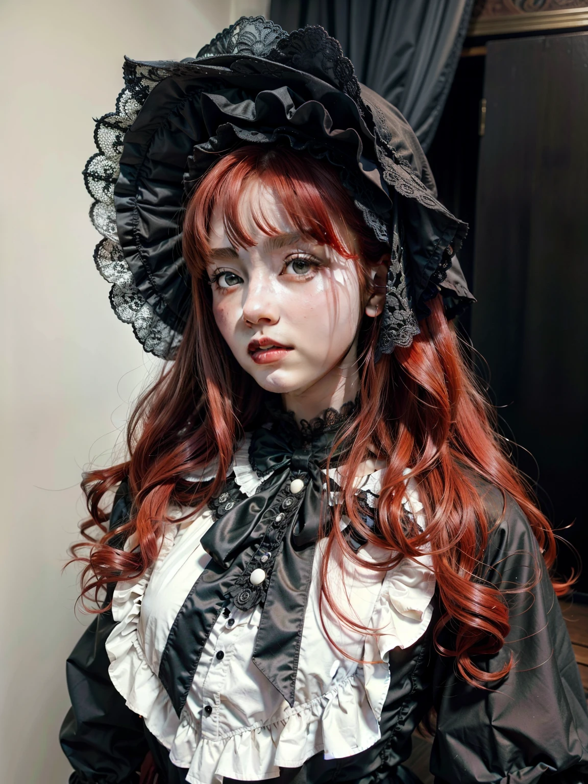 there is a woman with red hair wearing a black and white dress, victorian gothic lolita fashion, dark witch headdress, lolita style, with curly red hair, portrait of magical lolita girl, dreamy gothic girl, red wig, portrait of radical lolita girl, gothic horror vibes, victorian goth, gothic aesthetic, gothic regal, lolita fashion, black rococo, with long red hair, sana from twice, korean, big red eyes, black lips
