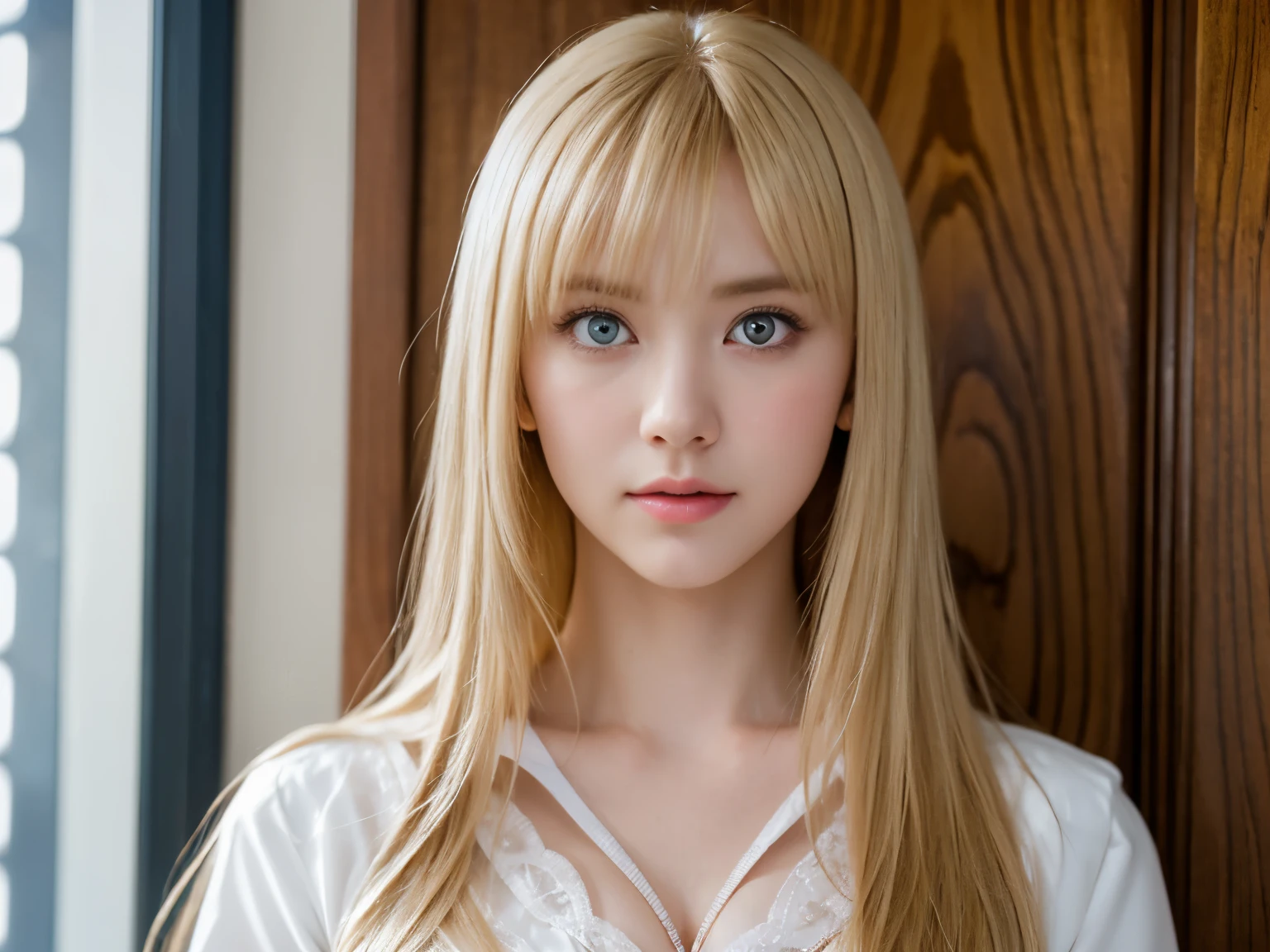 (close:1.3, (highest quality, masterpiece, Super detailedな),(8k wallpaper),(1 girl, cute, gal), full body image, shoot from below break, (, serafuku:1.3), (cleavage:1.3) break, (open the door:1.3), (invite, draw in:1.3), Perfectly trimmed fingers, break, (chest on cutting board, small breasts, No bra, pointed nipples, transparent nipples, (red eyes), Super detailed brilliant big eyes, Big pupils, (Super detailedな blond hair), medium long hair, parted bangs), break, ((intricate details)), Eye and face details, break, ((masterpiece, highest quality, Super detailed, detailed face, 8K))
