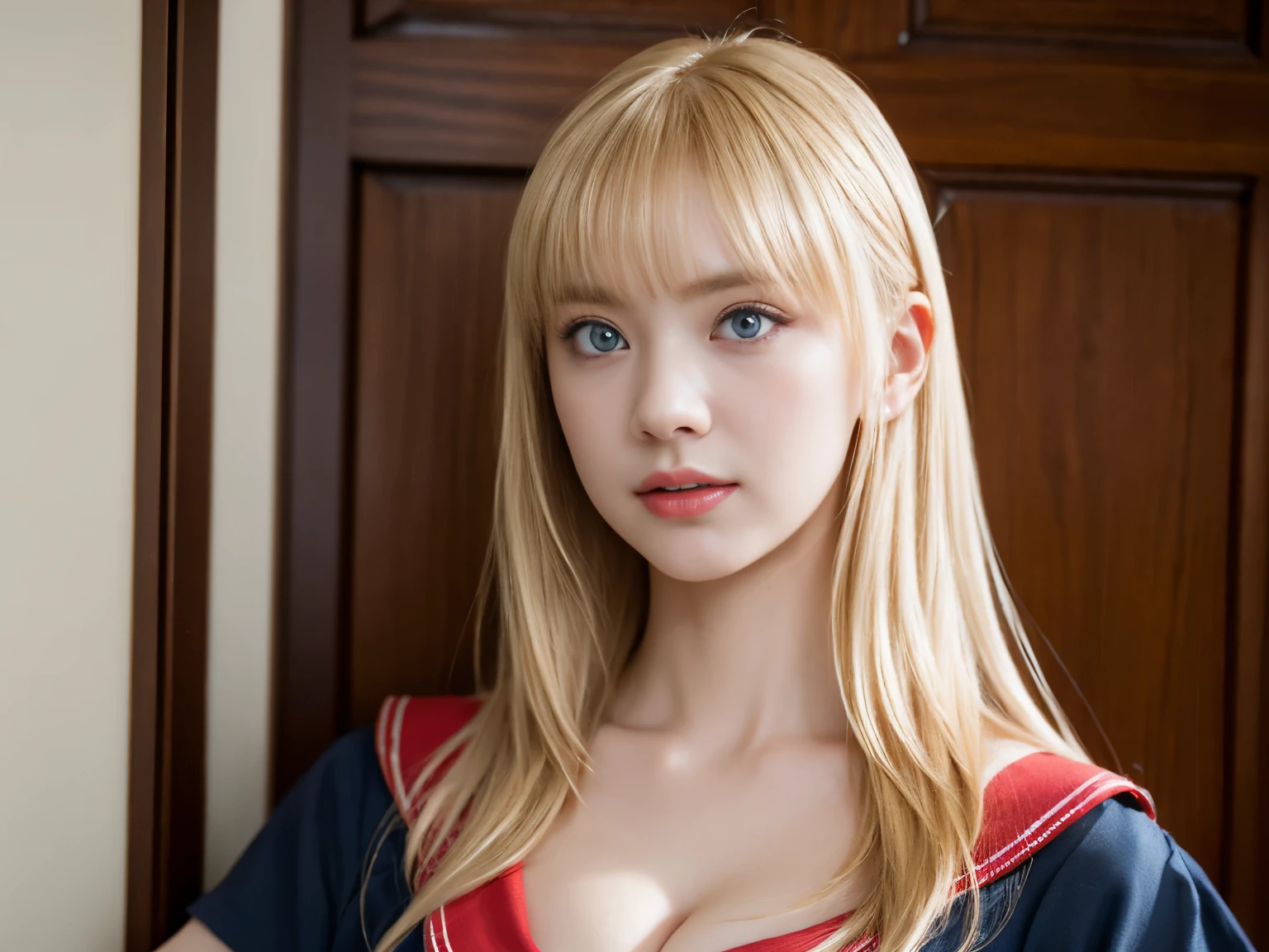 (close:1.3, (highest quality, masterpiece, Super detailedな),(8k wallpaper),(1 girl, cute, gal), full body image, shoot from below break, (, serafuku:1.3), (cleavage:1.3) break, (open the door:1.3), (invite, draw in:1.3), Perfectly trimmed fingers, break, (chest on cutting board, small breasts, No bra, pointed nipples, transparent nipples, (red eyes), Super detailed brilliant big eyes, Big pupils, (Super detailedな blond hair), medium long hair, parted bangs), break, ((intricate details)), Eye and face details, break, ((masterpiece, highest quality, Super detailed, detailed face, 8K))