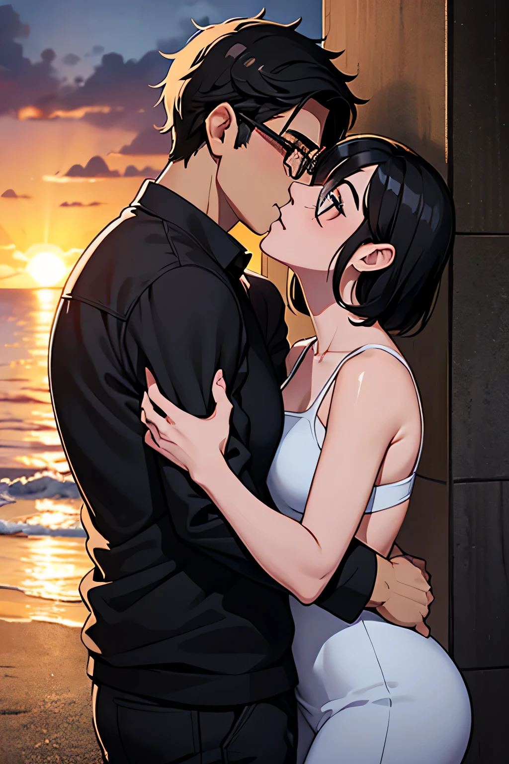 A guy with short black hair and wearing glasses with black frames, kissing a girl with no glasses on who has shoulder length black hair and a nice body and ass. In front of a sunset