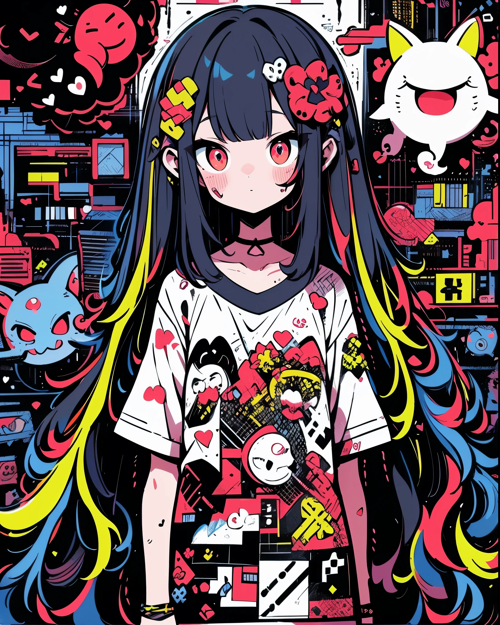 hightquality、neon color palette、high-level image quality、Kawaii Girl、Unprecedented amount of drawing、anime styled、Geometric pattern background、sticker style、long hair、black hair、red eyes, heart-shaped pupils, wavy hair, menhera, loose clothing, black dress, red heart-shaped neckline, self harm, guro, dark, dark eyes, blood, creepy, eroguro, devil horns, dark circles, neon, eye strain, bubble tea, glitch, retro, scary, demon, eyeball, ghost, horror, bloodied, colourful blood, glitch