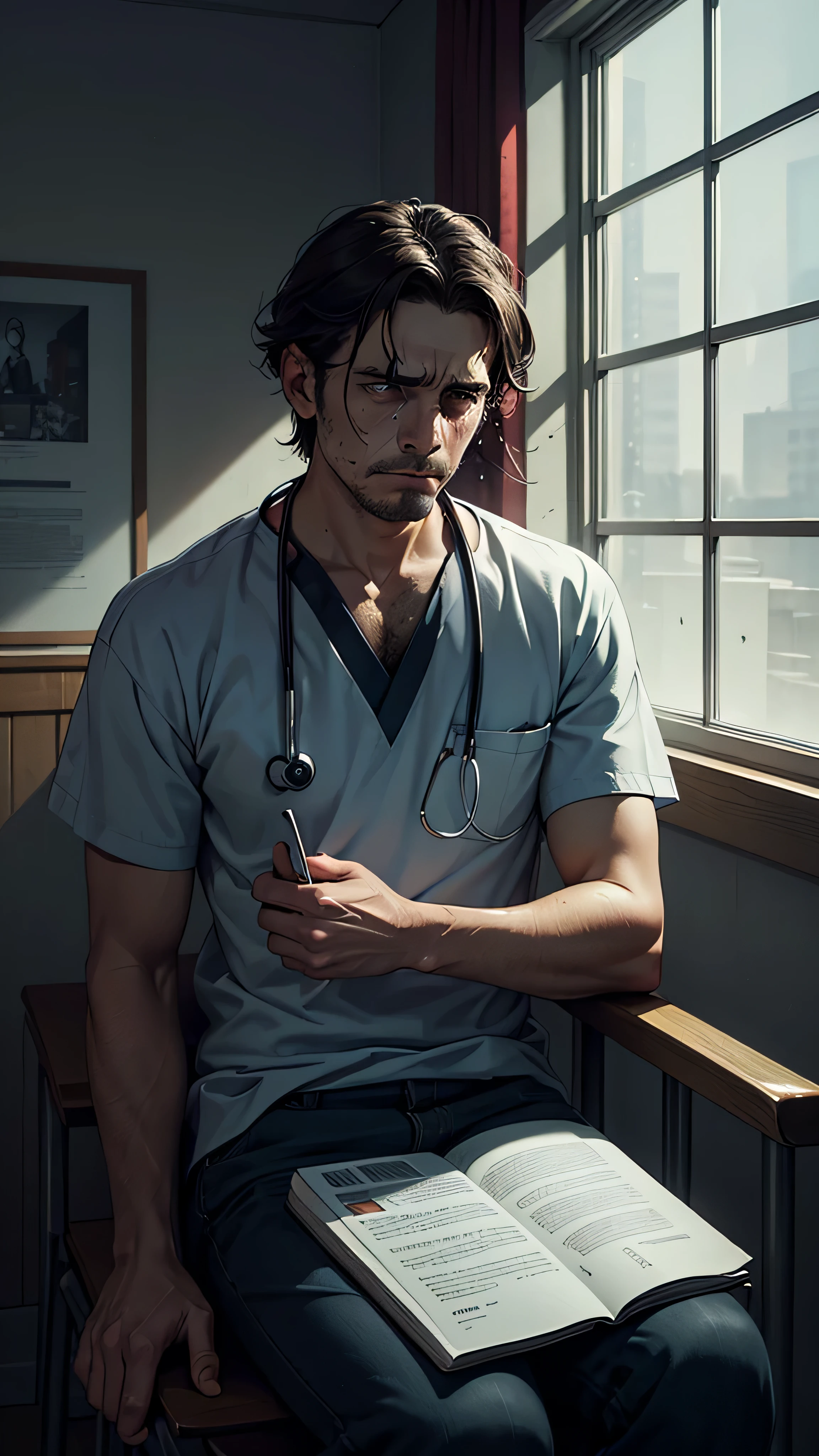 (best quality,4k,8k,highres,masterpiece:1.2),ultra-detailed,(realistic,photorealistic,photo-realistic:1.37),shocked amazed sad Blind male man sitting in the hospital, black sunglasses on, about to cry,distressed facial expression,emotional scene,muted lighting,monochromatic colors,medical equipment,HDR,reserved atmosphere,cold and clinical setting,worn-out furniture,bleak surroundings,empty hospital corridors,emotionally charged moment,tears welling up in his eyes,loneliness and isolation,heartbreaking situation,counselling books on a nearby table,notebook of thoughts on his lap,pale complexion,wrinkled forehead and worry lines,crumpled tissue in his hand,soft natural light filtering through the window,sorrow and despair,quiet and peaceful hospital room,silent and somber atmosphere,heartstrings being tugged,overwhelming sense of disappointment and grief,heavy burden of sadness,deeply introspective moment,strong emotional impact,raw and vulnerable emotions,profound and moving experience,palpable tension and anguish