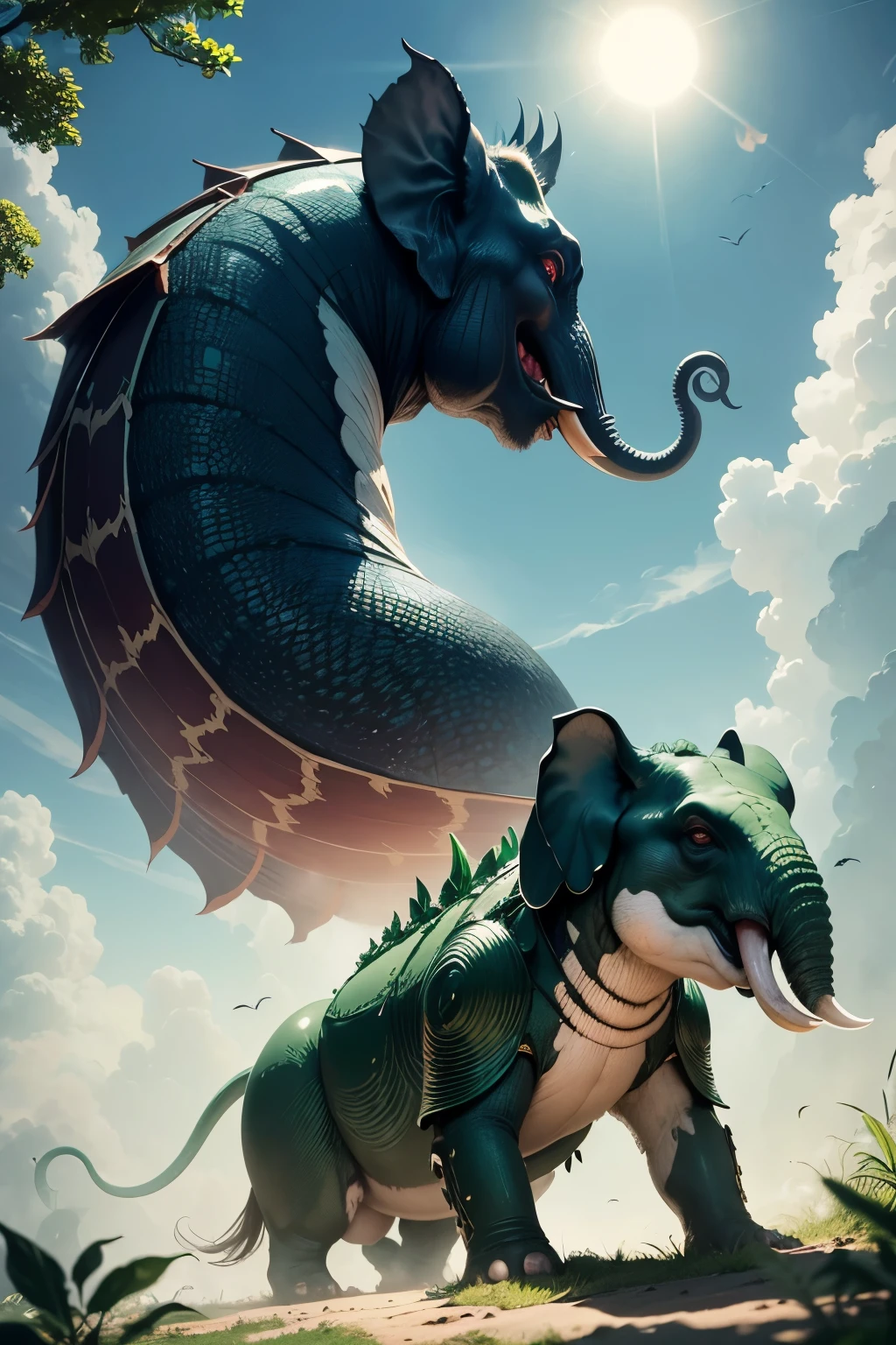 In a lush, verdant forest, an elephant with wrinkled gray skin and long, curved tusks roams freely. Its large ears flap gently, fanning itself in the warm sunlight. Nearby, an ant with a tiny, dark exoskeleton scurries diligently, carrying twice its size in leaves for its colony.
In another realm, a majestic dragon with shimmering emerald scales and fiery red eyes soars through the azure sky. Its wings beat rhythmically, leaving trails of smoke as it breathes out puffs of flame. Despite their stark differences in size and appearance, these magnificent creatures coexist in harmony within their respective worlds.
