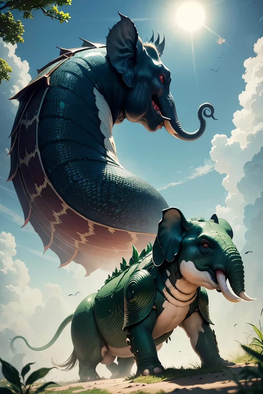 In a lush, verdant forest, an elephant with wrinkled gray skin and long, curved tusks roams freely. Its large ears flap gently, fanning itself in the warm sunlight. Nearby, an ant with a tiny, dark exoskeleton scurries diligently, carrying twice its size in leaves for its colony.

In another realm, a majestic dragon with shimmering emerald scales and fiery red eyes soars through the azure sky. Its wings beat rhythmically, leaving trails of smoke as it breathes out puffs of flame. Despite their stark differences in size and appearance, these magnificent creatures coexist in harmony within their respective worlds.