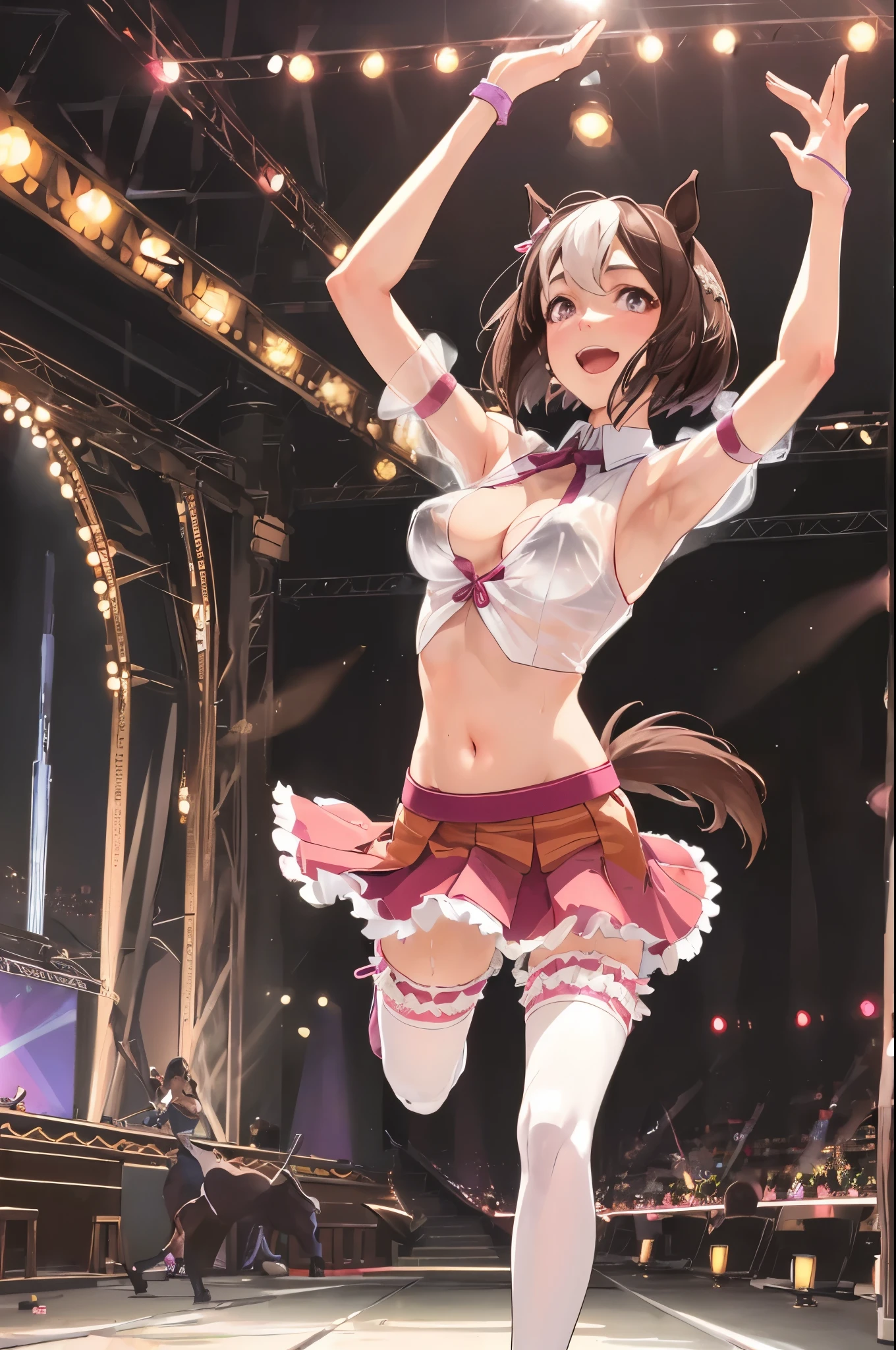 sexy dance show,(running:1.5),1girl,solo,special week \(umamusume\)),good anatomy, masterpiece, best quality,realistic, hyperrealistic, 16k hdr,happy Smile,(Live Stage),(see through costume:1.2),Stage costumes,Horse tail,sing a song,ultra miniskirt,navel,micro panties,clearvage,erected nipples,sweat,from below,large breasts,spread legs