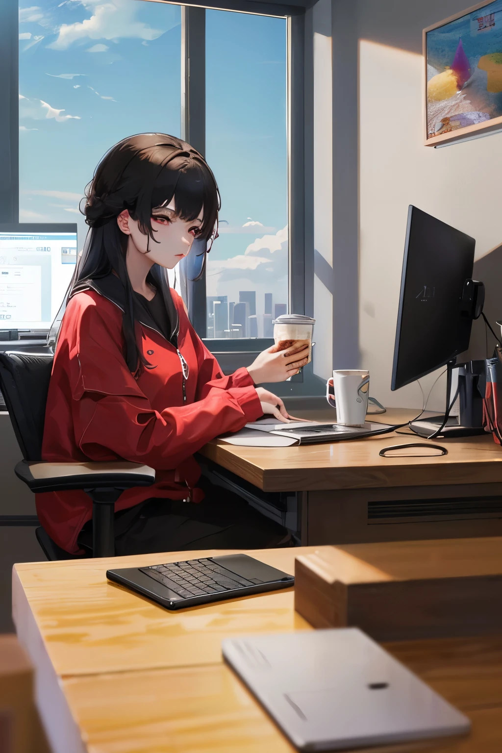 A lady is sitting in the office, boy, short black hair, holding a coffee cup in his hand, on face all glass.She is working laptop in the Loepfe art style ((Xinhai City), popular in CGStation, Xinhaicheng H 2160, inspired by Bian Shoumin, Xinhaicheng, Kavasi, Guvitz style, high-quality pictures, 4K, 8K, resolution,