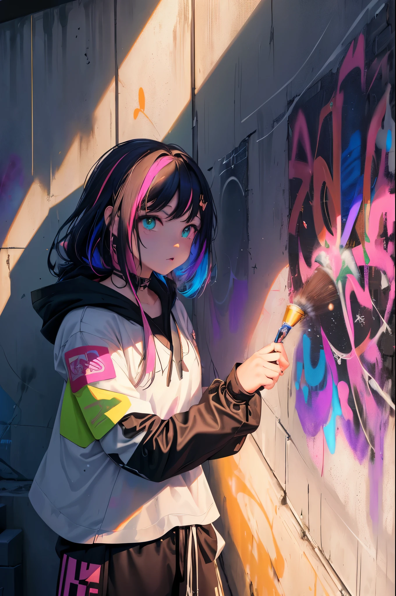 (masterpiece:1.2), best quality, (illustration:1.2), (Super detailed),eye focus,(Crafted glow, pink lens flare), (movie background), Super details,(Delicate and meticulous), (intricate details), octane rendering, human development report, (Super detailed的:1.15), (((rich and colorful))),(soft light:1.2), 1 girl, beautiful girl, Super detailed的眼睛, Mature, full, Thick, rainbow painted drops, draw teardrops, woman made of paint, completely painted, snap, snap, snap, splash, (external), (bioluminescent hair:1.1),(glowing eyes), ((cosmetic)),(电影masterpiece), fiercely, powerful, splashes of colour absolutely eye-catching, (Cinema headlight), (real reflected light:1.2),((corrosive)), dynamic angle, Beautiful and detailed light, ambient light遮蔽, ambient light, Ray traced reflections,(best lighting, extremely delicate and beautiful), ((film light)), (soft:2), (whimsical:2) , intricate background, energetic, dream, (painting Graffiti:1.3), (glowing tail), (painted city landscape), (urban),(Realistic urban chic), (expressive:1.2), good form, sporty , (mirror world), (long flowing black hair:1.1), curls, (rich and colorful hair highlights),(Cyberpunk Techwear Japanese Streetwear Long Hoodie),(Cyberpunk Streetwear Kanji Jogging Pants), glowing headphones, Wool cap, (Graffiti wall), unfinished Graffiti, slum,(looking at the wall:2),black hoodie, (There is a posterior wall),(Take the spray can:1.3), (rich and colorful mist), Buckle, belt, Shoulder strap, a girl standing in front of a Graffiti wall, cyberpunk art, by Lin, mika pikazo, Graffiti, High tech clothing jacket, black gloves, Buckle和胶带,