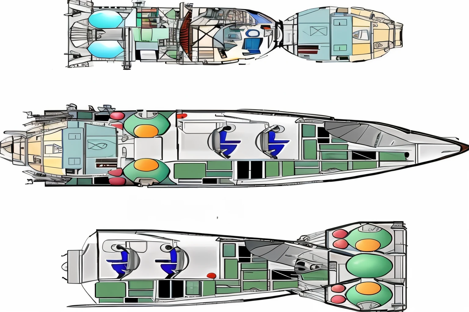 a drawing of a boat with a different layout and a different view, detailed spacecraft, spacecraft设计, Sectional view, Sectional view, spacecraft, layout, room of a spacecraft, blueprint schematics, floor plan, spacecraft的蓝图, 2D top view, segmented, spacecraft的蓝图, spacecraft, Detailed charts, 详细的spacecraft内部