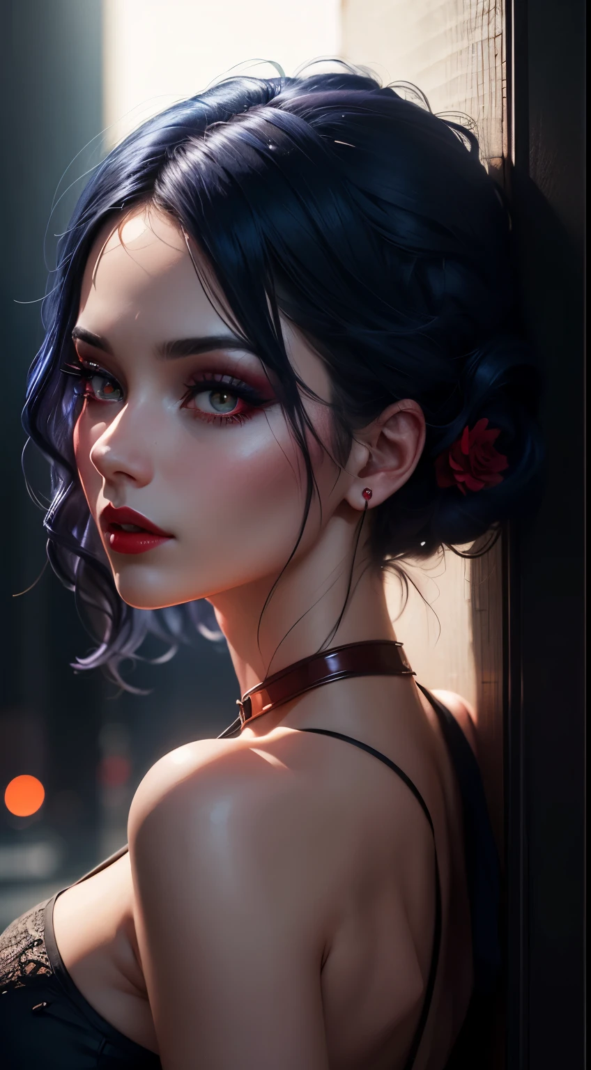 Woman, 30 years, dark blue hair, red eyes, makeup, red lips, Surrealism, cinematic lighting, god rays, wide shot, bokeh, UHD, masterpiece, super detail, high quality