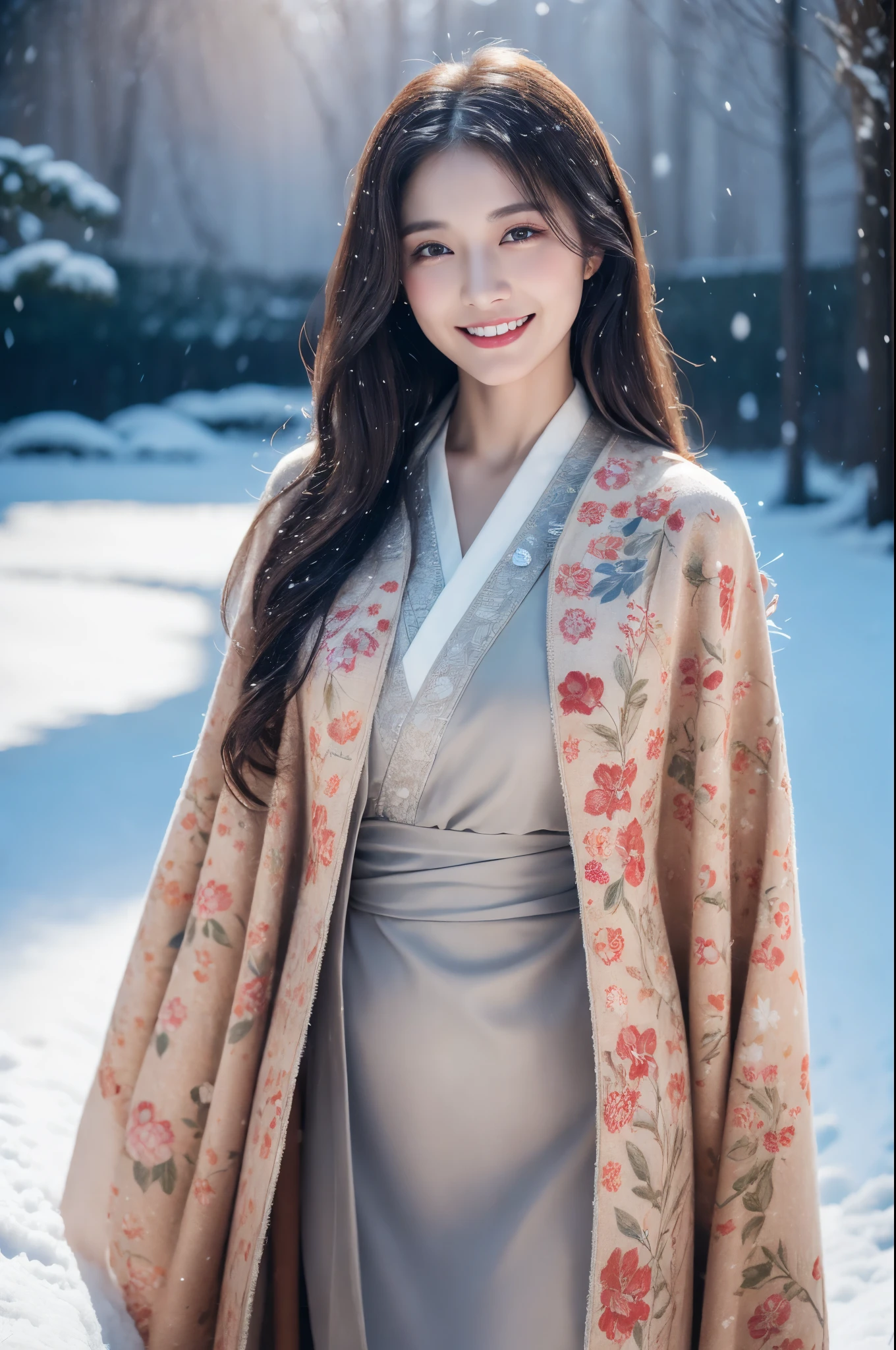 (Realism), (Top image quality), (ultra high resolution), 8k, original photography, (masterpiece),  (From head to calf:1.5)、(Best quality details)，1 girl、Super detailed、high quality texture、intricate details、Very detailed cg、High quality shadows，depth of field、Ray tracing,joy，sit down，Lovely, thin and long, (Red gorgeous kimono),(Plush cape)，(Beautiful floral kimono),real hair, Ultra-realistic skin texture, dynamic poses,(A shallow smile),Japanese Garden,(Blizzard，covered with snow，snow，outdoor)，