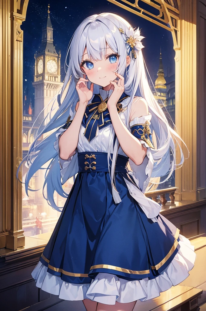 masterpiece, best quality, detailed，8K，1 girl, White fox girl，loli，(rich and colorful),blue eyes，Jewel color,(Delicate and beautiful eyes and delicate face),white hair,alone,Squatting，Cover your face with your hands，blush，Smile，shy expression,blue and gold skirt,White and gold，looming thighs，sexy，Sky, Antique architecture, moon光, moon, night, high contrast,,The impression of white and gold tones .