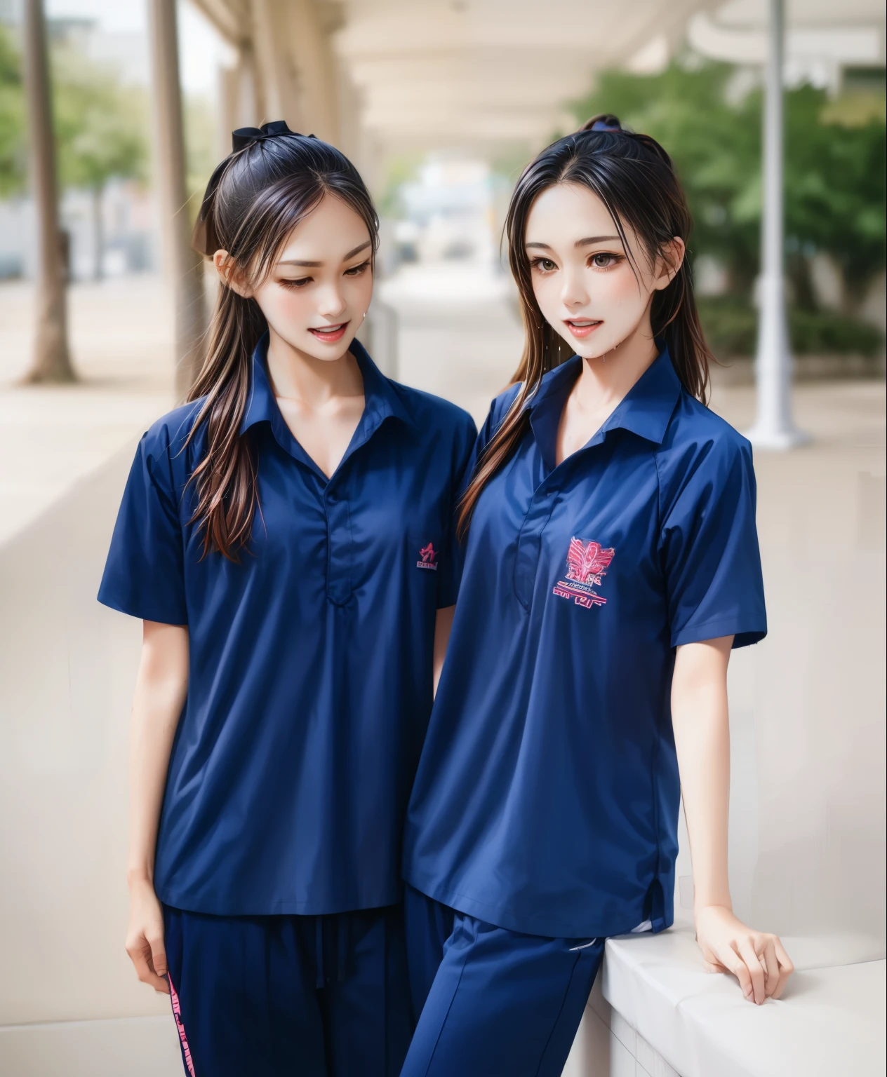 3 girls in fitness center, Navy blue short-sleeved shirt,Navy Long Trackpant,Sweatpants, Sweatpantsขายาว,25 year old girl, lesbian, sexy, exercise clothes, wet body, exercise clothes