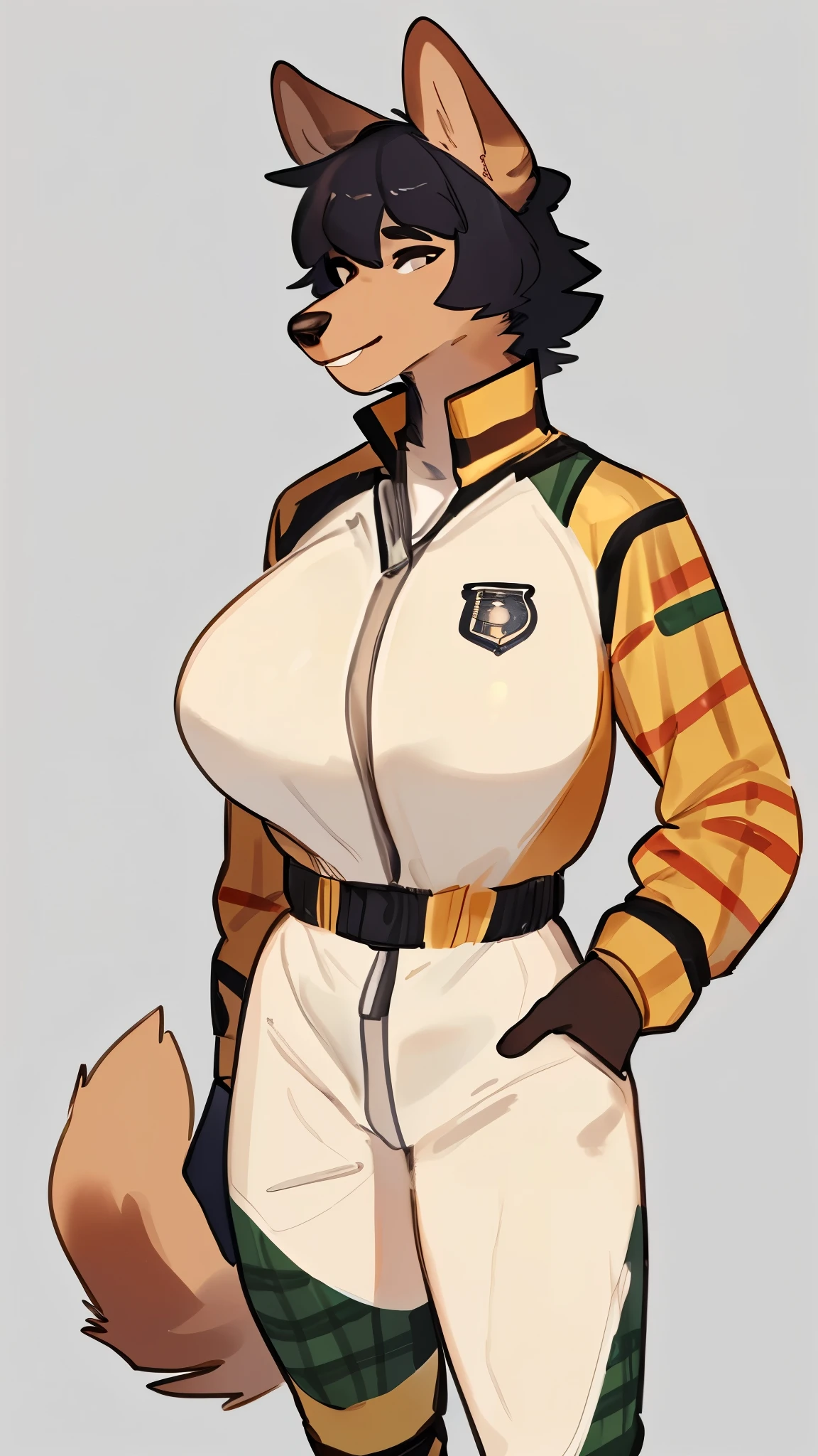 By bebebebebe, by lostgoose, by goonie-san, solo, futa, canine, (((hair, doodle))), standing, (tail, snout, detailed eyes), standing, (french city), ((burberry spacesuit)), adult, mature, big breasts