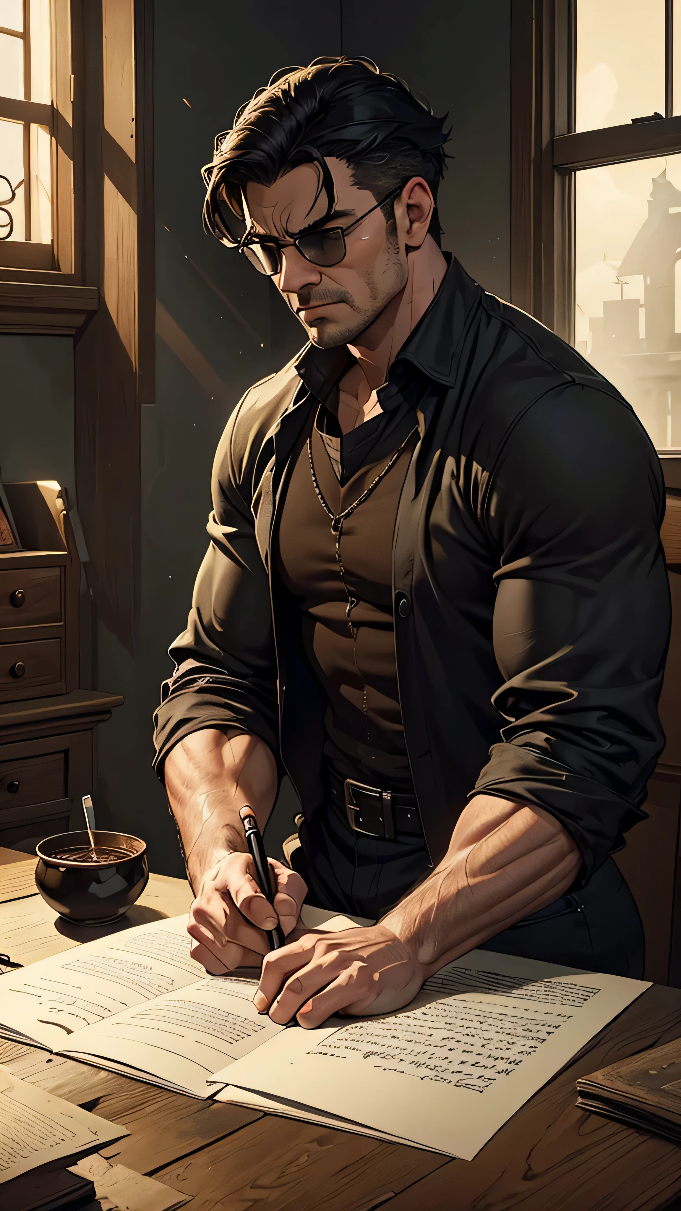 (best quality,4k,8k,highres,masterpiece:1.2),ultra-detailed,(realistic,photorealistic,photo-realistic:1.37),dark lighting,contrasting shadows,a very muscular blind man,black sunglasses,detailed hands,writing a letter,cinematic scene,old wooden desk,crumpled paper,quill pen,vintage inkwell,aged parchment,emotion-filled expression,faint sunlight streaming through a dusty window,sepia tone,colored light reflections,suspenseful atmosphere,historical setting,writing utensils,personalized stationery,ink stains,nostalgic atmosphere,ink smudges,drops of ink,focused concentration,wrinkled forehead+tense muscles,meaningful words,display of strength and resilience,subtle textures,antique furniture,engrossed in thoughts,creased sleeves,muscular arms,strained muscles,meticulous strokes,dark room,mystery,determination,powerful presence,quiet surroundings,artistic depiction,expression of emotions