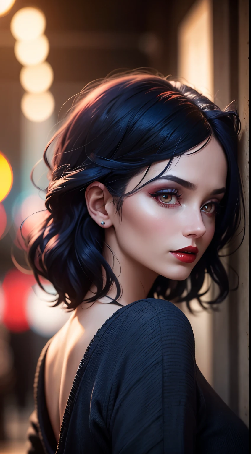 Woman, 30 years, croped ,dark blue hair, red eyes, makeup, red lips, Surrealism, cinematic lighting, god rays, from behind, bokeh, UHD, masterpiece, super detail, high quality