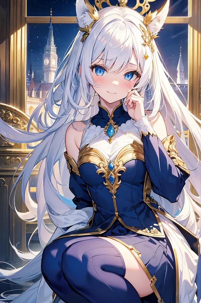 masterpiece, best quality, detailed,8K,1 girl, White fox girl,loli,(rich and colorful),blue eyes,Jewel color,(Delicate and beautiful eyes and delicate face),white hair,alone,Squatting,Cover your face with your hands,blush,Smile,shy expression,blue and gold skirt,White and gold,looming thighs,sexy,Sky, Antique architecture, moon光, moon, night, high contrast,,The impression of white and gold tones .