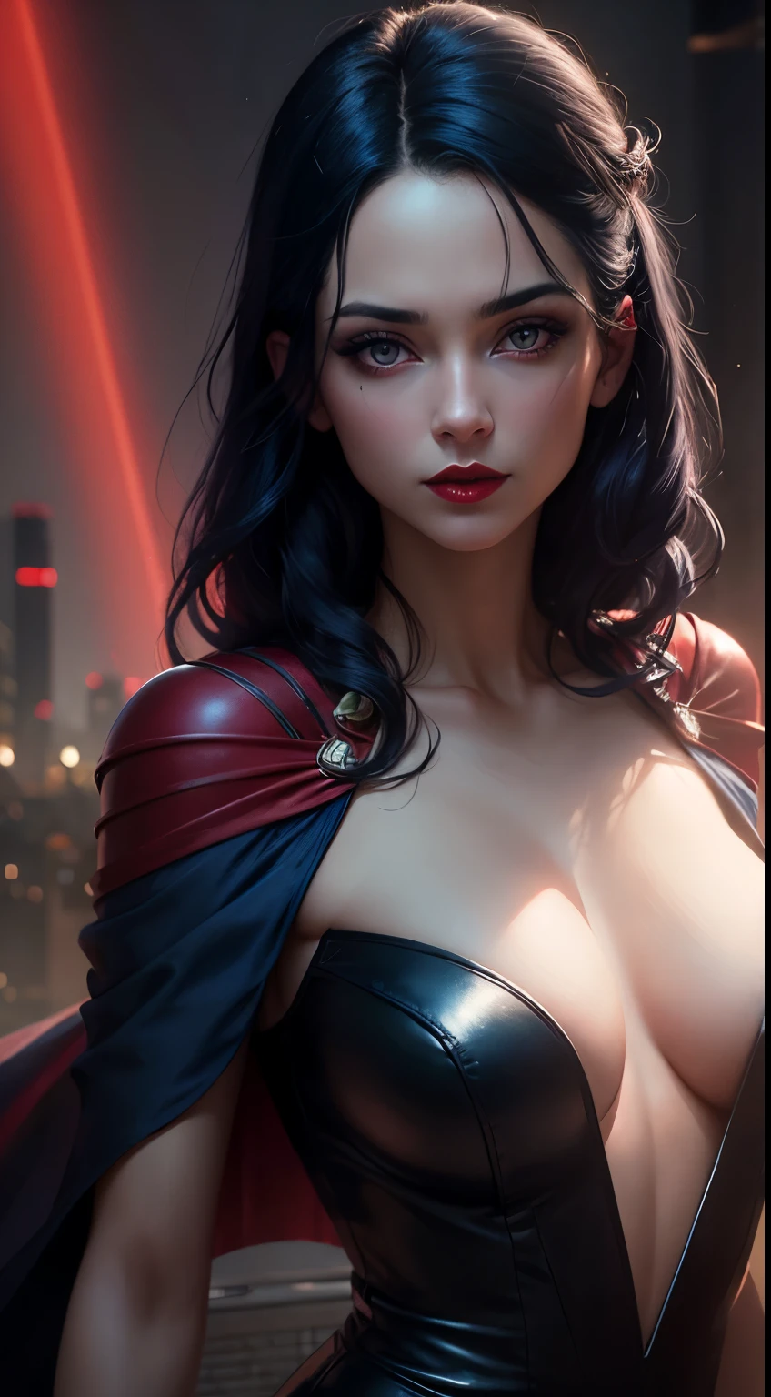 Woman, 30 years, croped ,dark blue hair, red eyes, makeup, red lips, Surrealism, cinematic lighting, god rays, from above, bokeh, UHD, masterpiece, super detail, high quality
