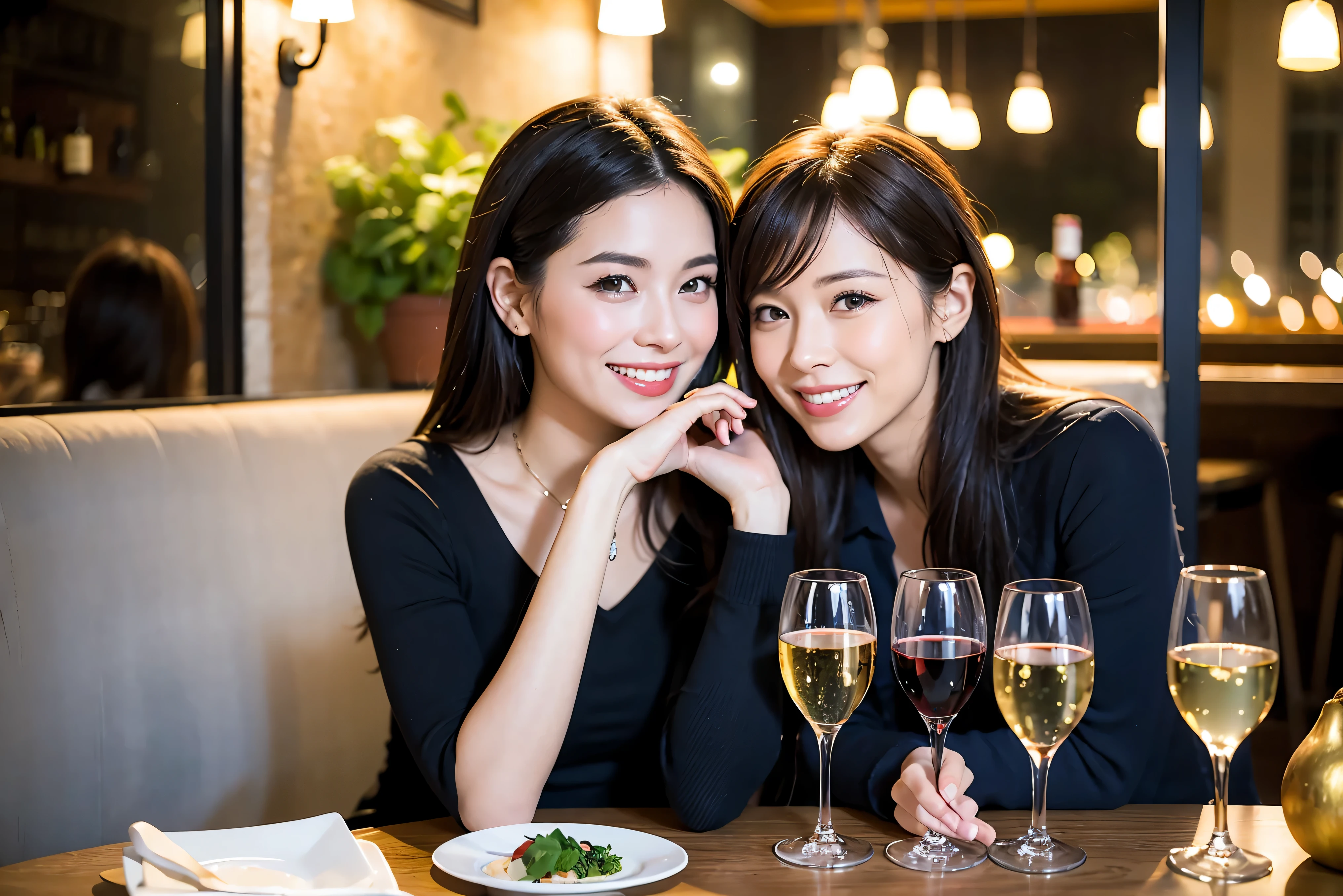 ((Highest quality、8K、masterpiece:1.3))、1 male 1 female、lover、Beautiful couple、Happy smile、full-course dinner、 (Slim face), (the body is スリム), (Brown Hair), (Shortcuts), ((Bob Hale、Straight hair:1.2)), テーブルの上のwine glass、Put the light on your face、 Amazing view of the sunset sky and clouds、The beauty of a smile、Bright image、Blushing, Shortcuts, (Age 35), 39 years old, Appetizers、Italian food、Wine bottle、Champagne、sparkling wine、Long sleeve shirt、dress、Attractive beauty、restaurant, Nova Frog Style, actress, model, Upper Body, White wine, red wine, wine glass, 