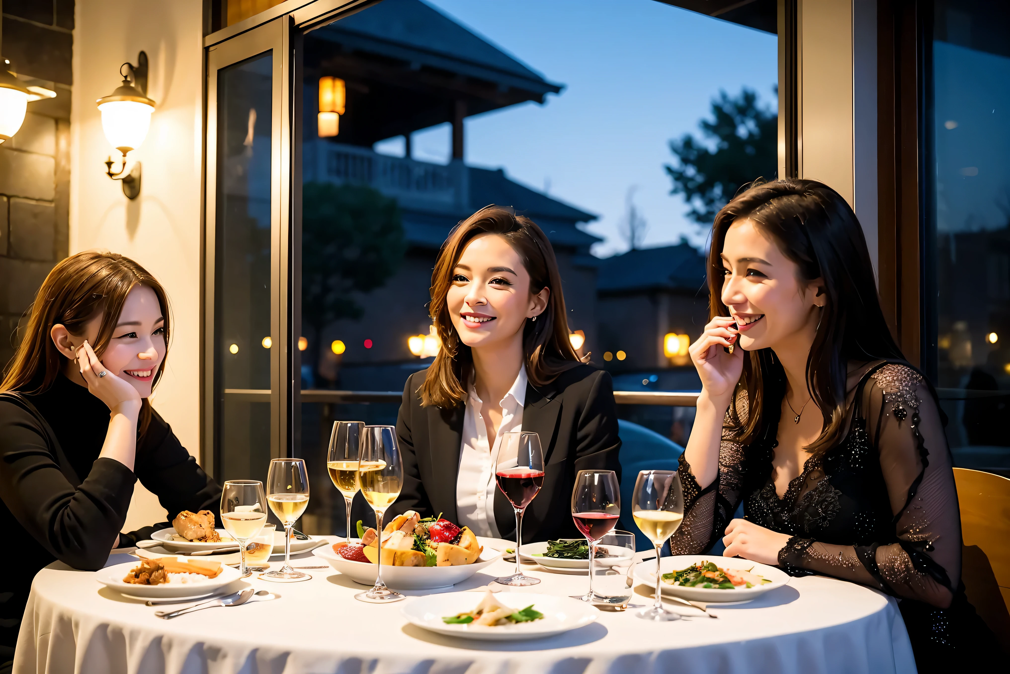 64k, UHD, highest quality, masterpiece: 1.2), (realistic, photorealistic: 1.37), Super detailed, celebration party、beauty、beautiful mature woman、3 women who love wine、Three Men、champagne、Sparkling wine、winter night、restaurantでワイン宴会、(slimな男女4名),(Wine party for 5 people)、(slimフェイス),Happy、 最高なsmile、Fox Face、Berry Short、(because I&#39;thin), (brown hair), (shortcut), long sleeve shirt、winter fashion、Japanese、Dutch、German、Portuguese、Belgian、Italian、french, (gushing), (slimボティ), (brown hair), (shortcut), 端正なbeauty、cheeks blush a little, (34 years old), 38 years old, alone, A beautiful and detailed night view spreads out outside the window....., restaurant, wine glassが座っている, At night, in a prominent place (from the Upper body) nova frog style, actress, model, Upper body, White wine, slim, wine glass, Very beautiful night view, wine glass Put in the Middle, Happy smile, (smile: 1.15), 