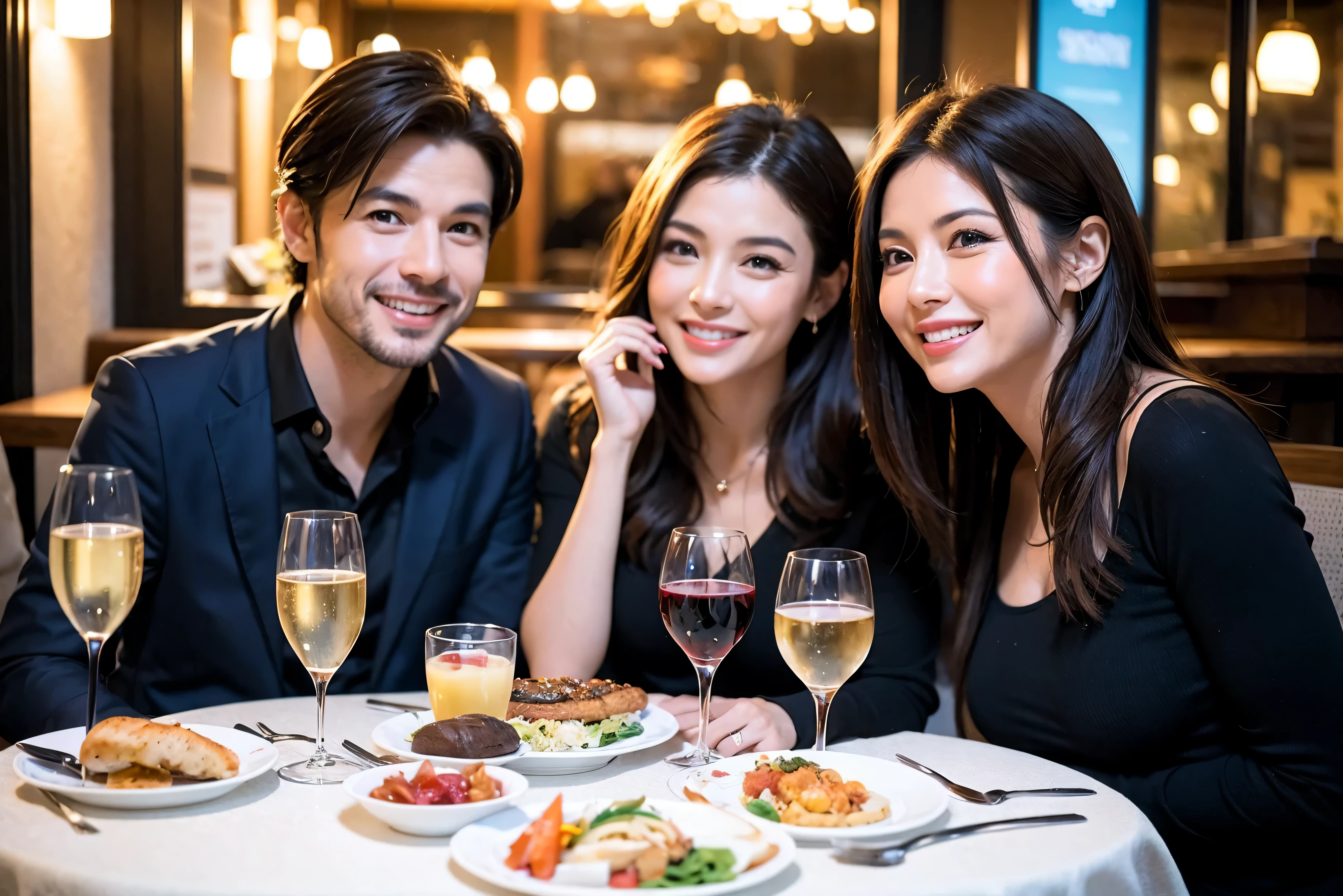64k, UHD, highest quality, masterpiece: 1.2), (realistic, photorealistic: 1.37), Super detailed, celebration party、beauty、beautiful mature woman、3 women who love wine、Three Men、champagne、Sparkling wine、winter night、restaurantでワイン宴会、(slimな男女4名),(Wine party for 5 people)、(slimフェイス),Happy、 最高なsmile、Fox Face、Raccoon face、Berry Short、(because I&#39;thin), (brown hair), (shortcut), long sleeve shirt、winter fashion、Colombia、Brazilian、Japanese、Dutch、German、Portuguese、Belgian、Italian、french, (gushing), (slimボティ), (brown hair), (shortcut), 端正なbeauty、cheeks blush a little, (41 years old), 38 years old, 35 years old、 A beautiful and detailed night view spreads out outside the window....., restaurant, wine glassが座っている, At night, in a prominent place (from the Upper body) nova frog style, actress, model, Upper body, White wine, slim, wine glass, Very beautiful night view, wine glass Put in the Middle, Happy smile, (smile: 1.15), 