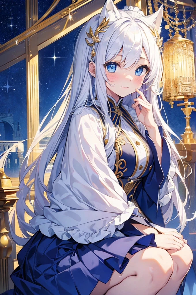 masterpiece, best quality, detailed,8K,1 girl, White fox girl,,(rich and colorful),blue eyes,Jewel color,(Delicate and beautiful eyes and delicate face),white hair,alone,Squatting,Cover your face with your hands,blush,Smile,shy expression,blue and gold skirt,White and gold,looming thighs,sexy,Sky, Antique architecture, moon光, moon, night, high contrast,,The impression of white and gold tones .