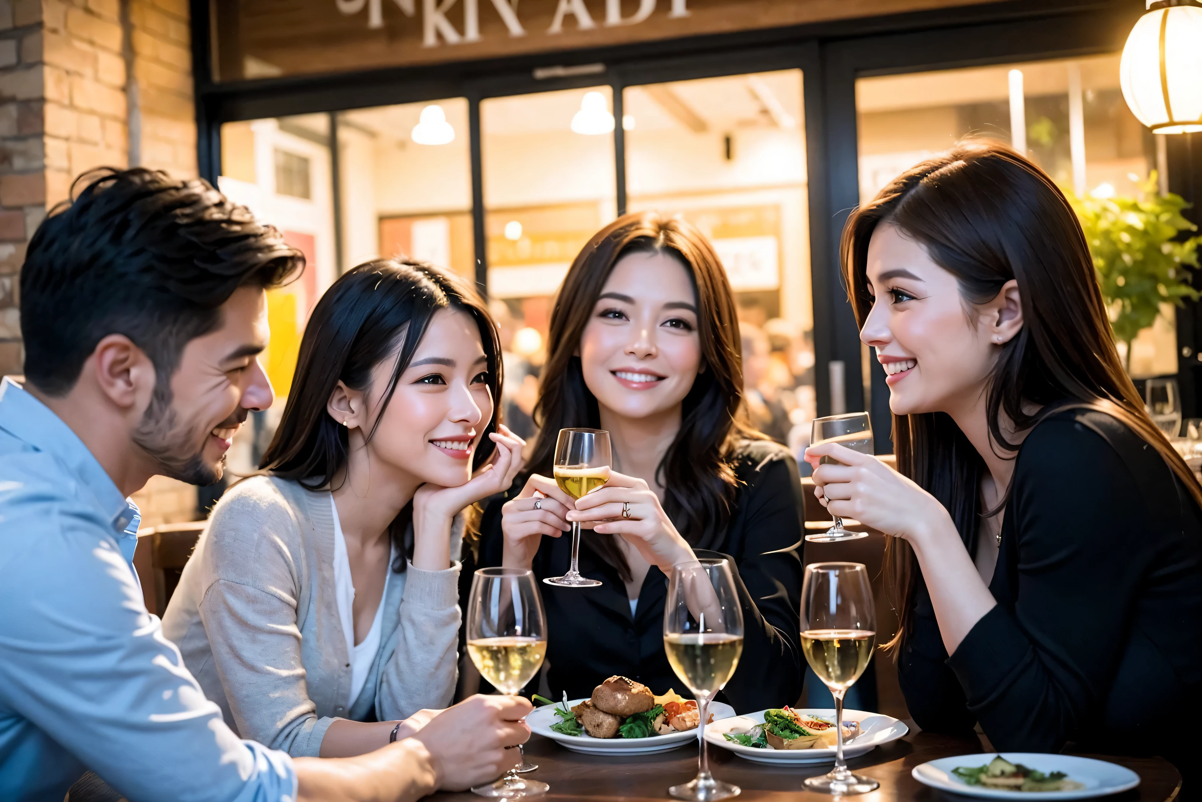 64k, UHD, highest quality, masterpiece: 1.2), (realistic, photorealistic: 1.37), Super detailed, celebration party、beauty、beautiful mature woman、3 women who love wine、Three Men、champagne、Sparkling wine、winter night、restaurantでワイン宴会、(slimな男女4名),(Wine party for 5 people)、(slimフェイス),Happy、 最高なsmile、Fox Face、Raccoon face、Berry Short、(because I'thin), (brown hair), (shortcut), long sleeve shirt、winter fashion、Colombia、Brazilian、Japanese、Dutch、German、Portuguese、Belgian、Italian、french, (gushing), (slimボティ), (brown hair), (shortcut), 端正なbeauty、cheeks blush a little, (41 years old), 38 years old, 35 years old、 A beautiful and detailed night view spreads out outside the window....., restaurant, wine glassが座っている, At night, in a prominent place (from the Upper body) nova frog style, actress, model, Upper body, White wine, slim, wine glass, Very beautiful night view, wine glass Put in the Middle, Happy smile, (smile: 1.15),
