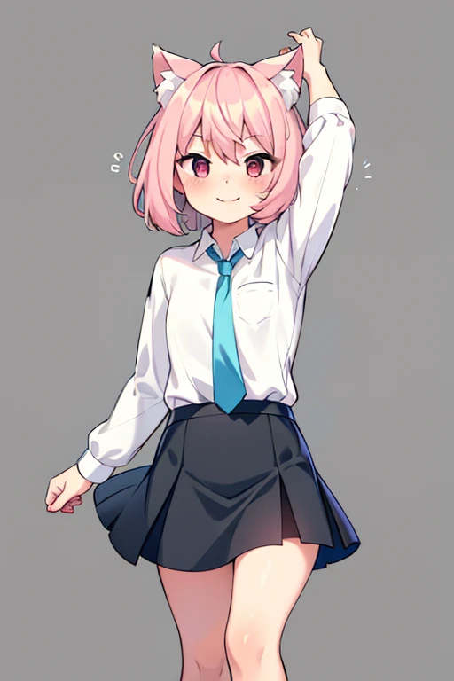 One girl with short hair, white shirt, baby blue tie, black skirt, pink hair, smiling, cat ears, looking at viewer blushing, mouth small open, simple background, front view, pink tale