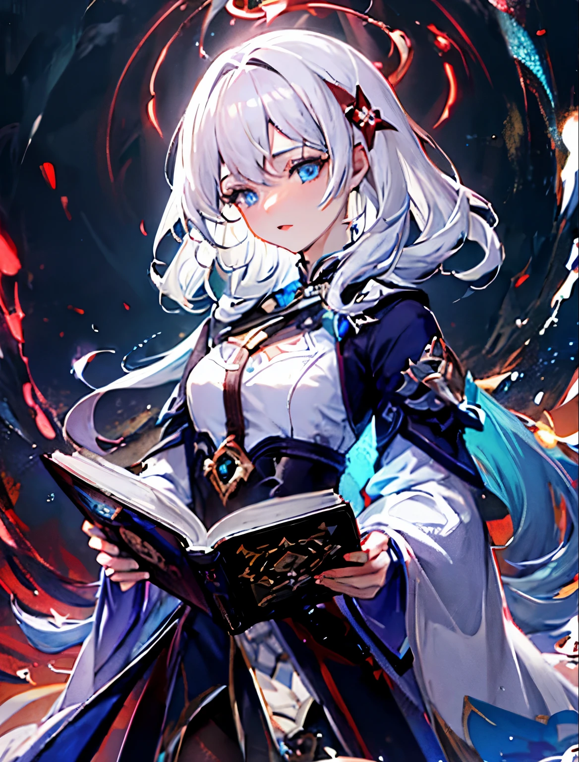 anime girl with white hair and blue eyes holding a book, genshin, artbook artwork, keqing from genshin impact, genshin impact character, white haired deity, epic light novel cover art, epic light novel art cover, genshin impact, splash art, silver hair, long hair, halo, anime, glowing light, high details, 8k