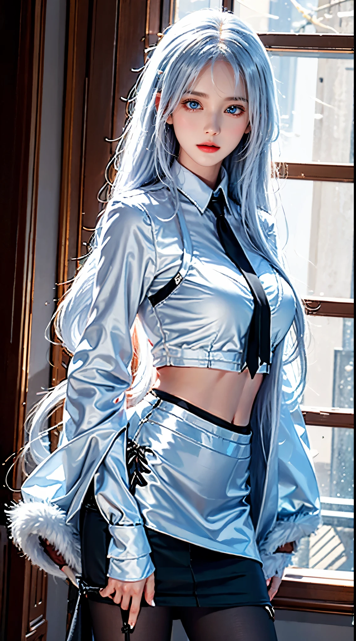 lifelike, high resolution, soft light, 1 female, alone, Buttocks up, blue eyes, white hair, long hair, Close the lips, collared shirt, black tie,black skirt, pencil skirt, fur coat,