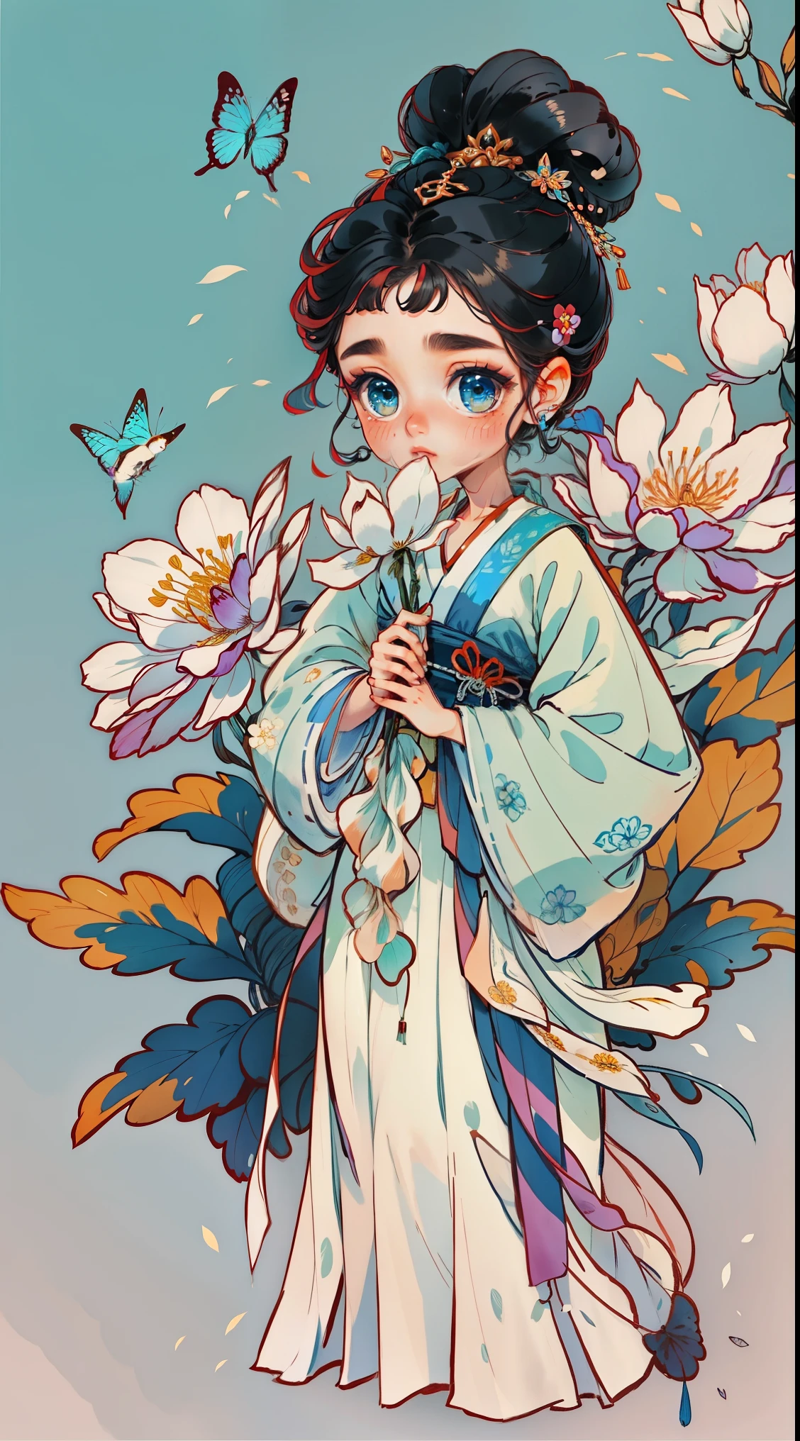 1 sister, Alone, looking at viewert, face flushed, Background with, black hair color hair, hair adornments, longer sleeves, white backgrounid, everlasting, Full body lesbian, blooming flower, hairflower, hair-bun, butterflys, Blue Hanfu, tmasterpiece, recent quality, The finest details, Clear facial features, beautidful eyes