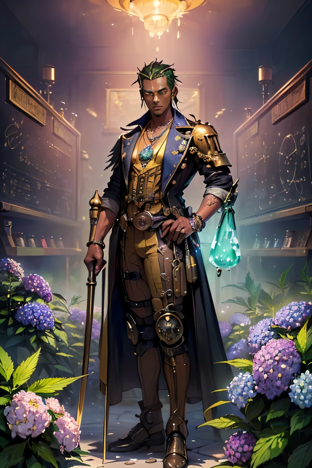 ((determined ((dark-skinned ((Haitian)) male steampunk alchemist)) outside writing alchemical equations on a chalkboard board, (wearing detailed flowing outfit), (wearing chunky emerald stone necklace and wielding glowing bubbling potions), (cannabis flower tattoos on arms and body), high quality photo, mischievously standing in the garden (with copious tall cannabis sativa plants and hydrangeas surrounding scene during foggy sunrise)