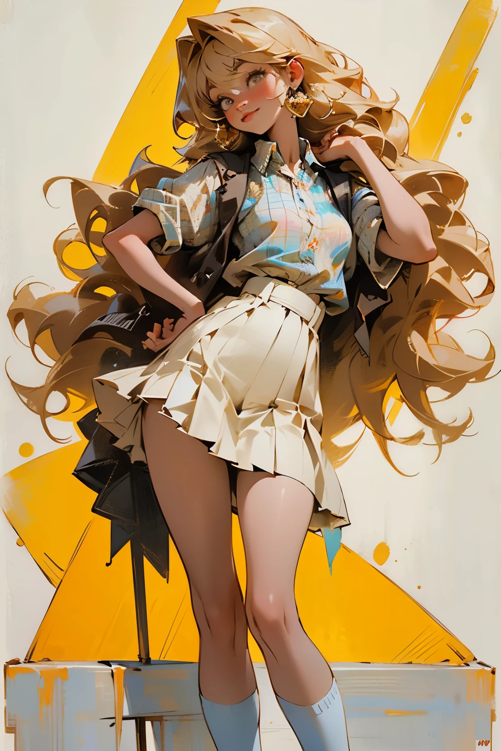 glow,masterpiece, best quality, oil painting portrait style, blonde,Plaid skirt,pleated skirt,Big ,white stockings,without wearing shoes