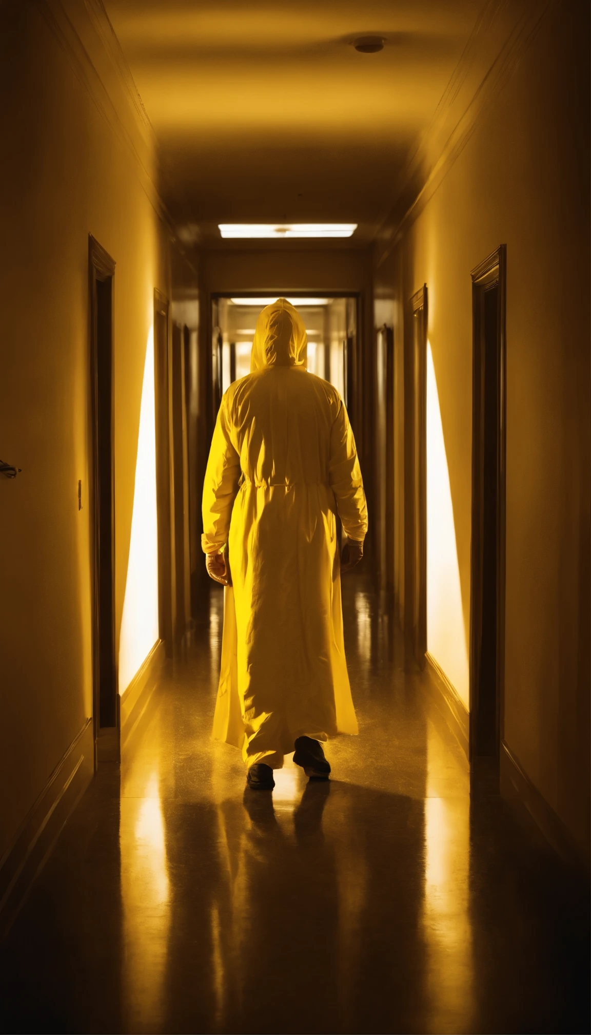 Visualize an expansive corridor, stretching infinitely into the distance, completely enveloped in glossy, vivid yellow hues. The entire passage - its floor, ceiling, and walls - glistens with a polished sheen, reflecting an intense luminance that pervades every corner. This overwhelming yellow saturation creates a surreal, almost otherworldly ambiance. At the heart of this corridor stands a lone figure, clad in a full-body hazmat suit that, too, is steeped in the same eerie yellow light, facing away from the viewpoint, suggesting a narrative untold. The scene is illuminated by bright, artificial lighting that casts no shadows, enhancing the eerie and foreboding atmosphere, as if the corridor itself is detached from reality, bordering on the horrific. Further down the corridor, just beyond the reach of the harsh light, a menacing, shadowy monster lurks ominously, its form barely discernible, adding a palpable sense of dread and imminent danger. This creature, waiting in the shadows, introduces a chilling narrative element, suggesting a lurking threat in this seemingly endless, fluorescent-lit nightmare.