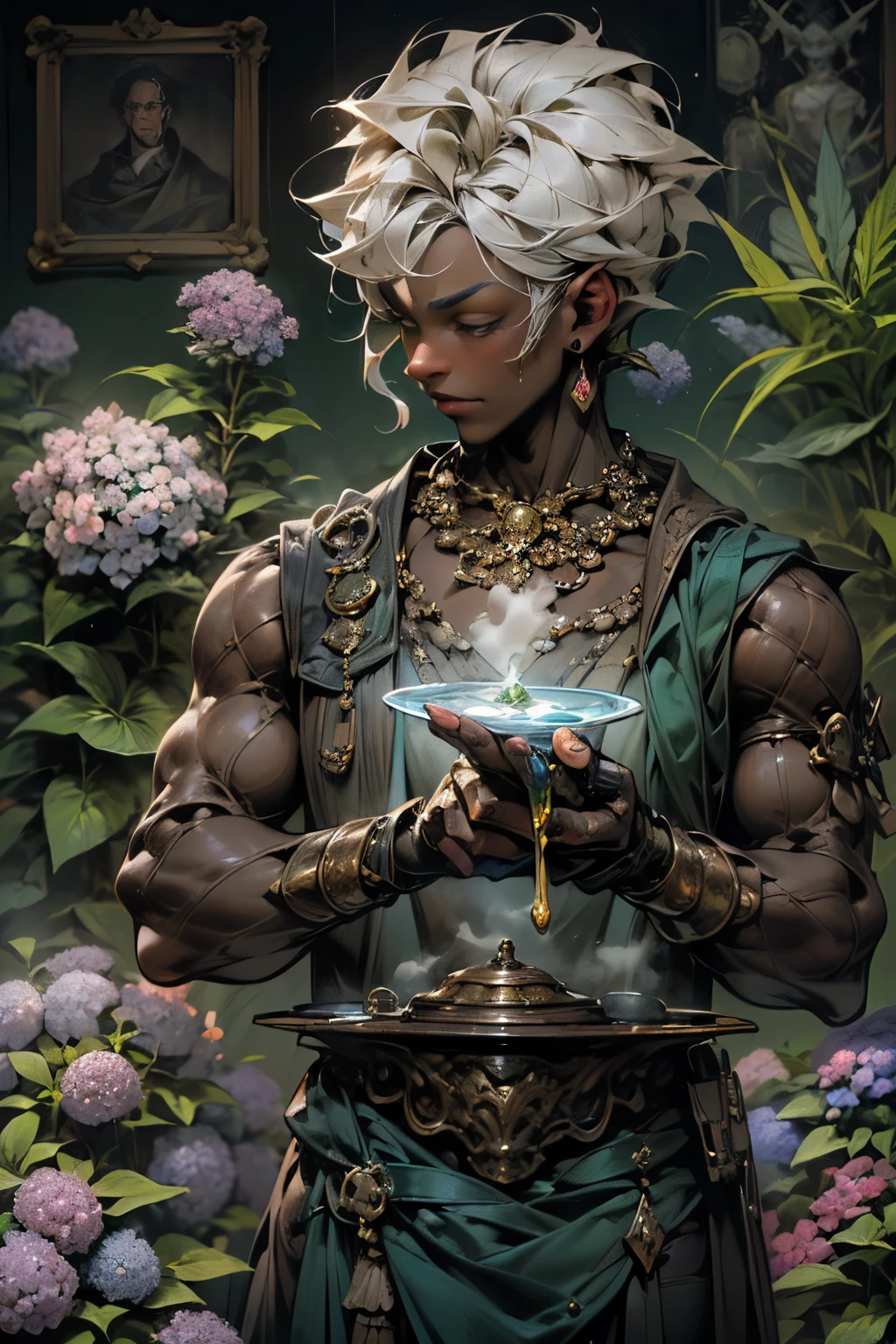 ((determined ((dark-skinned ((Haitian)) male steampunk alchemist)) outside writing alchemical equations on a chalkboard board, (wearing detailed flowing outfit), (wearing chunky emerald stone necklace and wielding glowing bubbling potions), (cannabis flower tattoos on arms and body), high quality photo, mischievously standing in the garden (with copious tall cannabis sativa plants and hydrangeas surrounding scene during foggy sunrise)