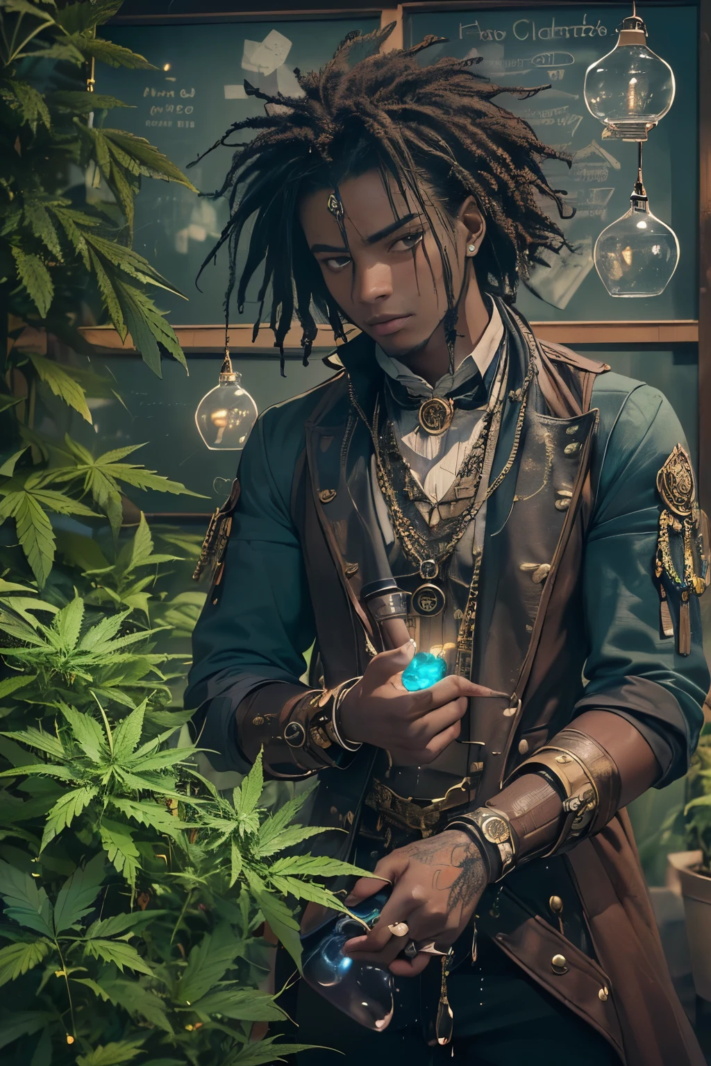 ((determined ((dark-skinned ((Haitian)) male steampunk alchemist)) outside writing alchemical equations on a chalkboard board, (wearing detailed flowing outfit), (wearing chunky emerald stone necklace and wielding glowing bubbling potions), (cannabis flower tattoos on arms and body), high quality photo, mischievously standing in the garden (with copious tall cannabis sativa plants and hydrangeas surrounding scene during foggy sunrise)