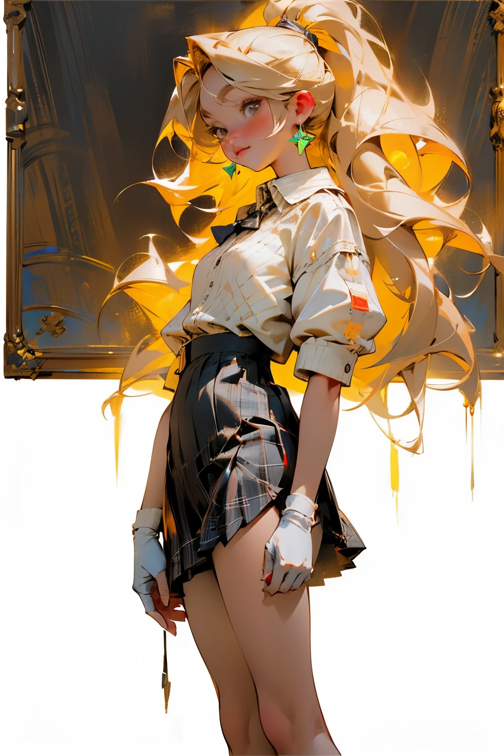 glow,masterpiece, best quality, oil painting portrait style, blonde,Plaid skirt,pleated skirt,Big ,white stockings,without wearing shoes