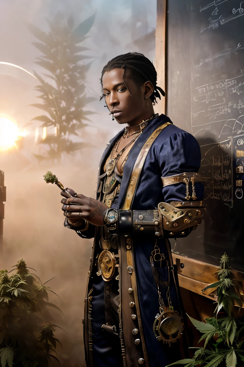 ((determined ((dark-skinned ((Haitian)) male steampunk alchemist)) outside writing alchemical equations on a chalkboard board, (wearing detailed flowing outfit), (wearing chunky emerald stone necklace and wielding glowing staff), (???????? flower tattoos on arms and body), high quality photo, mischievously standing in the garden (with copious tall cannabis sativa plants and hydrangeas surrounding scene during foggy sunrise)