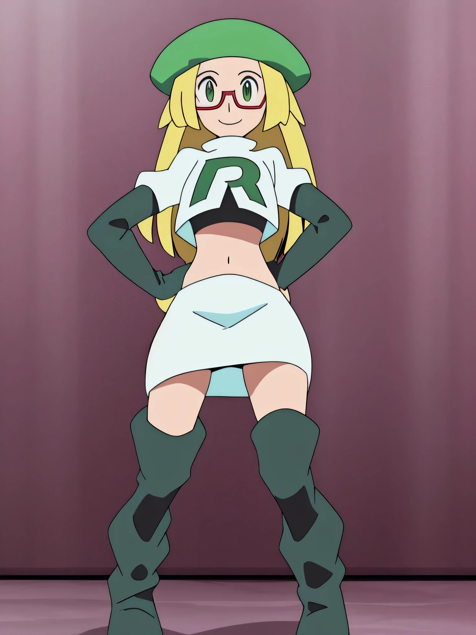 masterpiece, best quality, highres,team rocket uniform, red letter r, white skirt, white crop top, black thigh-high boots, black elbow gloves, evil smile,looking down at viewer, from below,hands on hips, full body seen, zettai ryouiki, Bianca, green hat, glasses contrapposto
